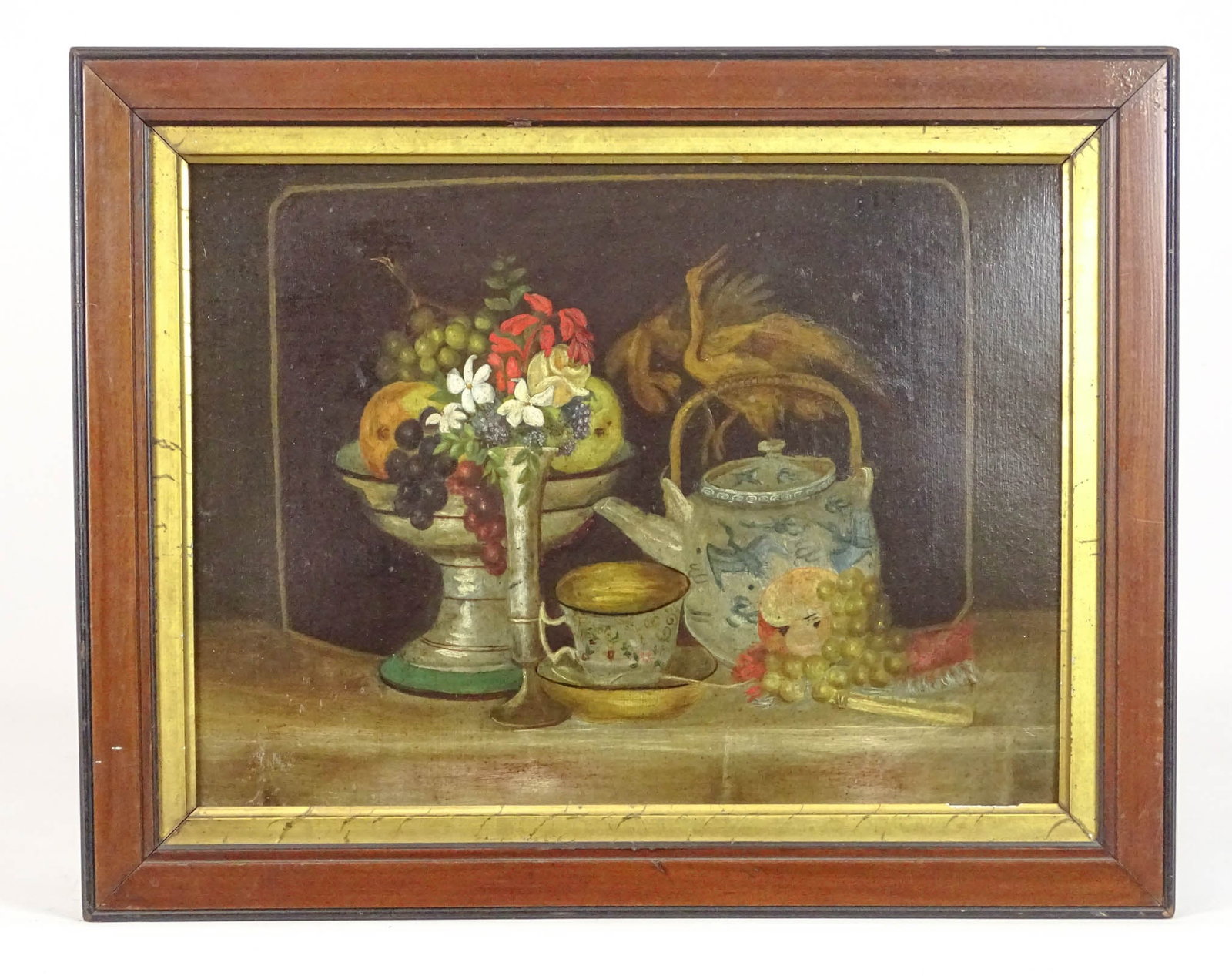 Painting: 19th c. Still Life: Painting: 19th c. still life with Canton tea pot and compote with fruit. Period frame. 15 1/2" x 19 1/2".