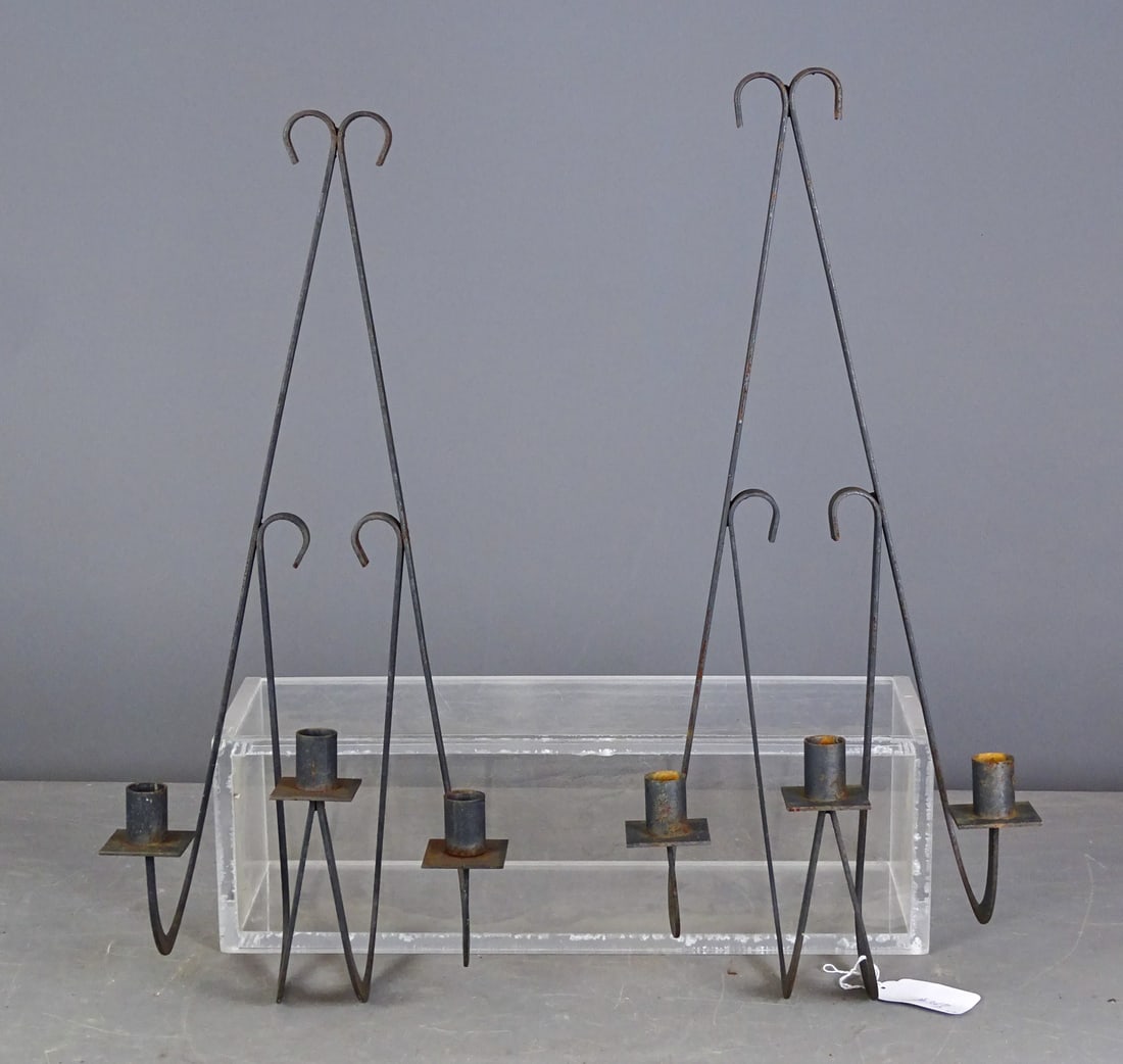 Pair Wrought Iron Candle Sconces: Pair wrought iron candle sconces. 22" L..