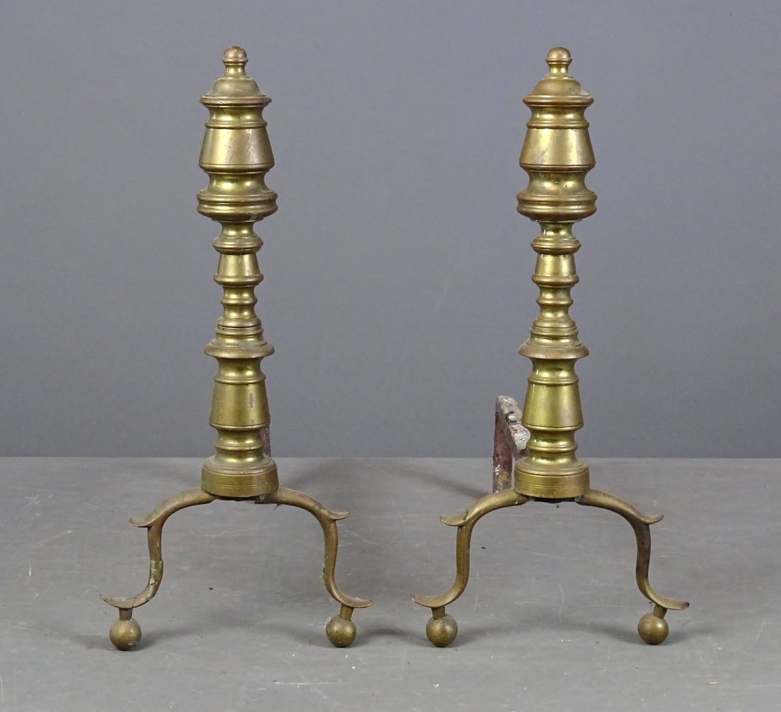 19th c. Andirons: Pair of 19th c. brass and iron ball foot andirons. 16 3/4" Ht..
