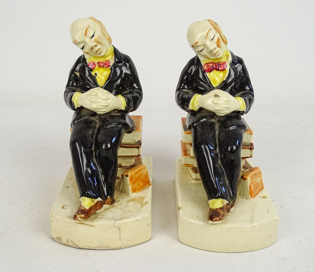 Pair Ceramic Bookends: Pair Ceramic vintage Sleeping Man bookends. 6" Ht.. Imperfections.