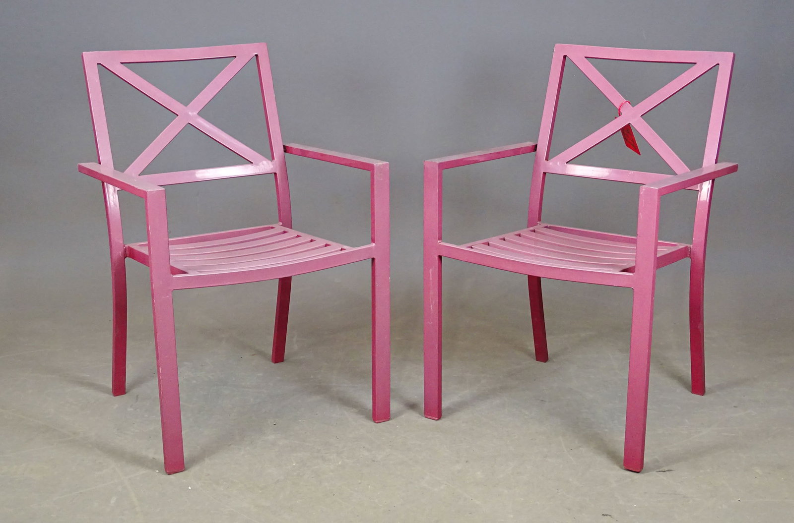 Pair Threshold Afton Patio Chairs: Pair of Threshold Afton metal stack patio armchairs. 17 1/2" seat Ht., 34" overall Ht..