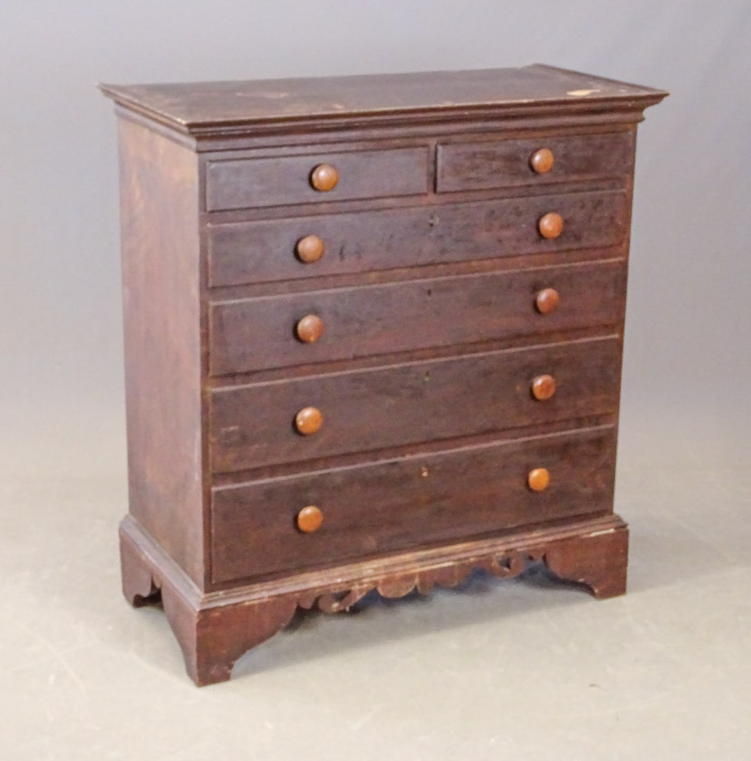 18th c. Chippendale Chest: 18th c. country Chippendale (6) drawer chest with bracket base. 39 1/4" x 19" x 42" Ht..