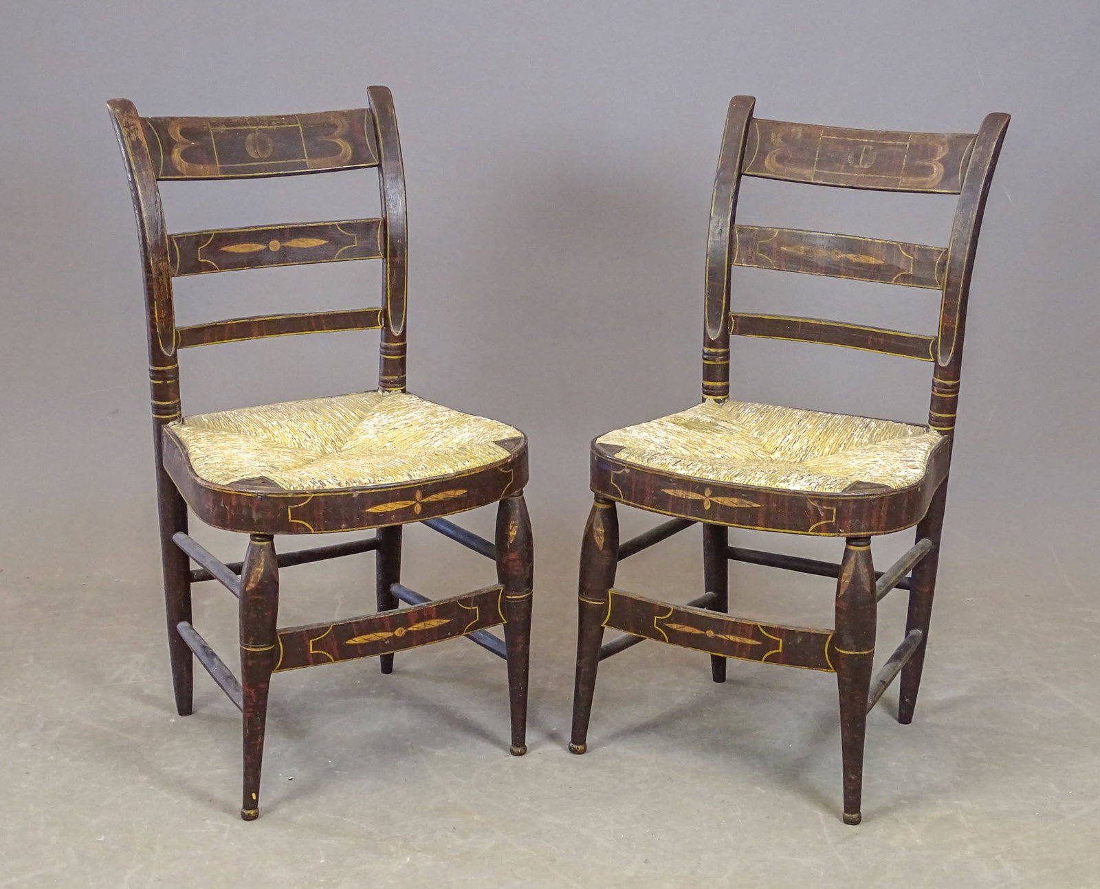 Pair 19th c. Chairs: Pair of 19th c. rush seat Rabbit ear chairs in original decoration. 17" seat Ht., 33 3/4" overall Ht..