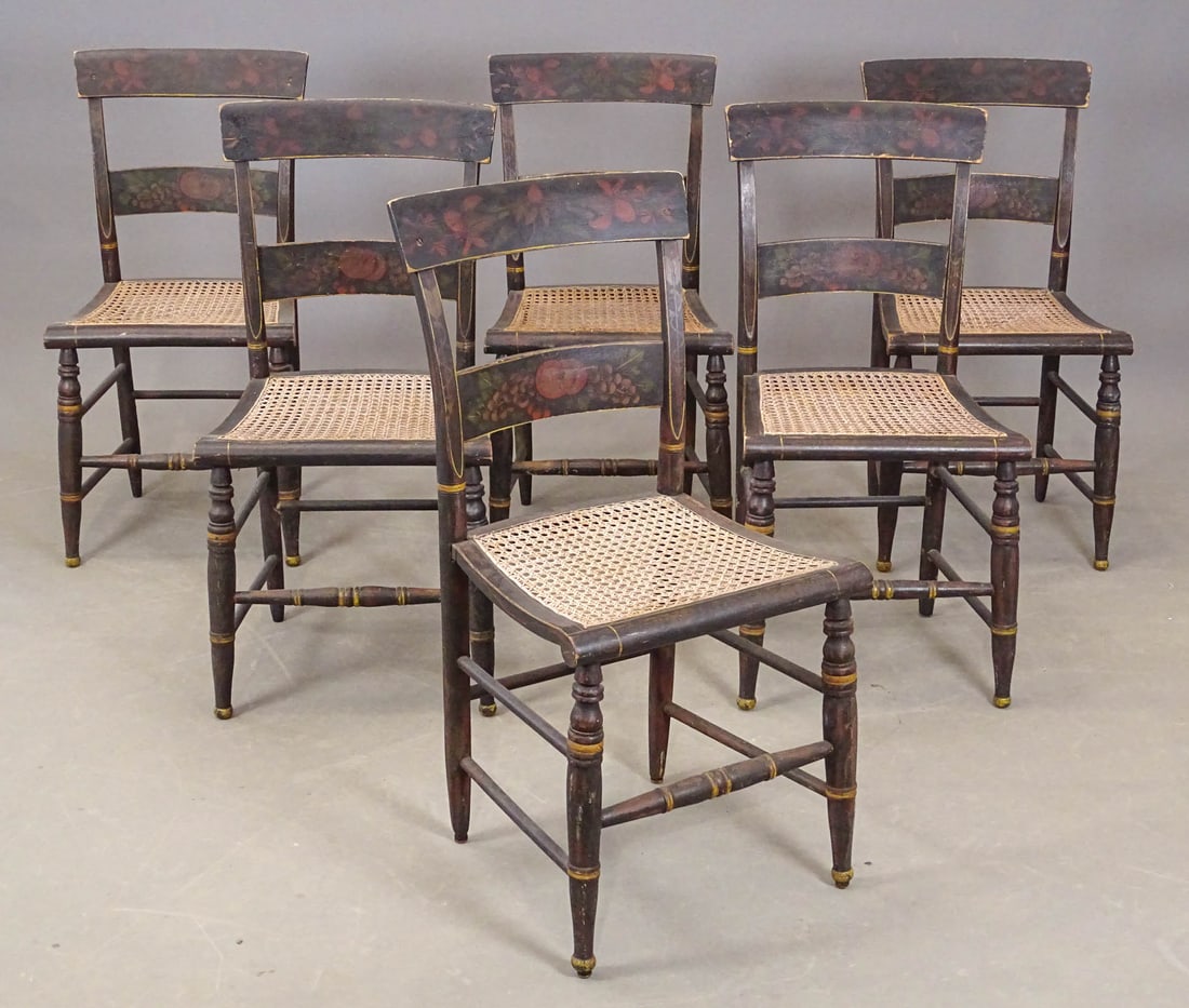 Set of (6) 19th c. Painted Chairs: Set of (6) 19th c. decorated cane seat side chairs. 18" seat Ht., 35" overall Ht..