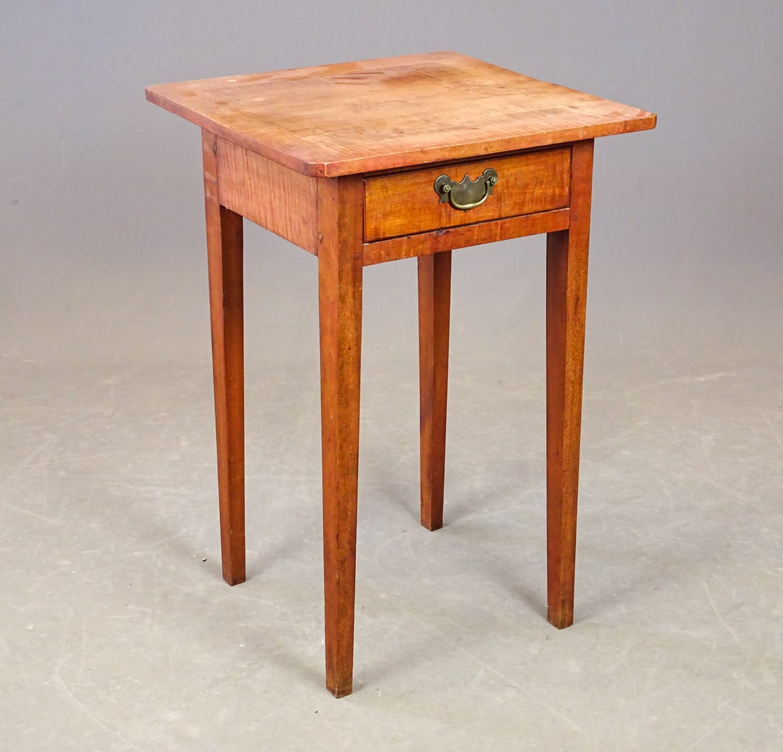 19th c. Stand: 19th c. country single drawer stand. Tiger maple and maple. 17 1/2" x 17 1/4" x 26 1/2' Ht..