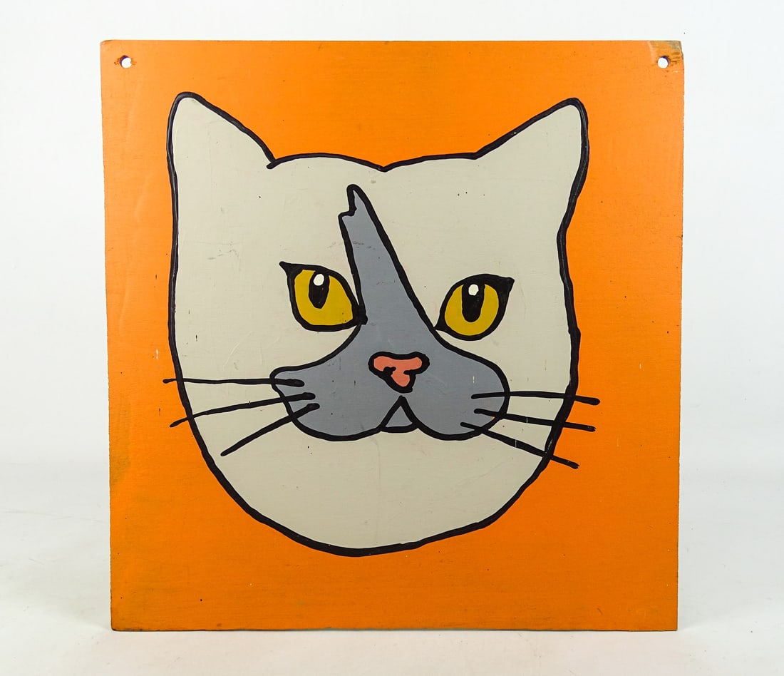 Cat Painting: Painting of a cat. Oil on wooden panel. Label verso "1 MILE GALLERY…KINGSTON N.Y….". 16" x 16".