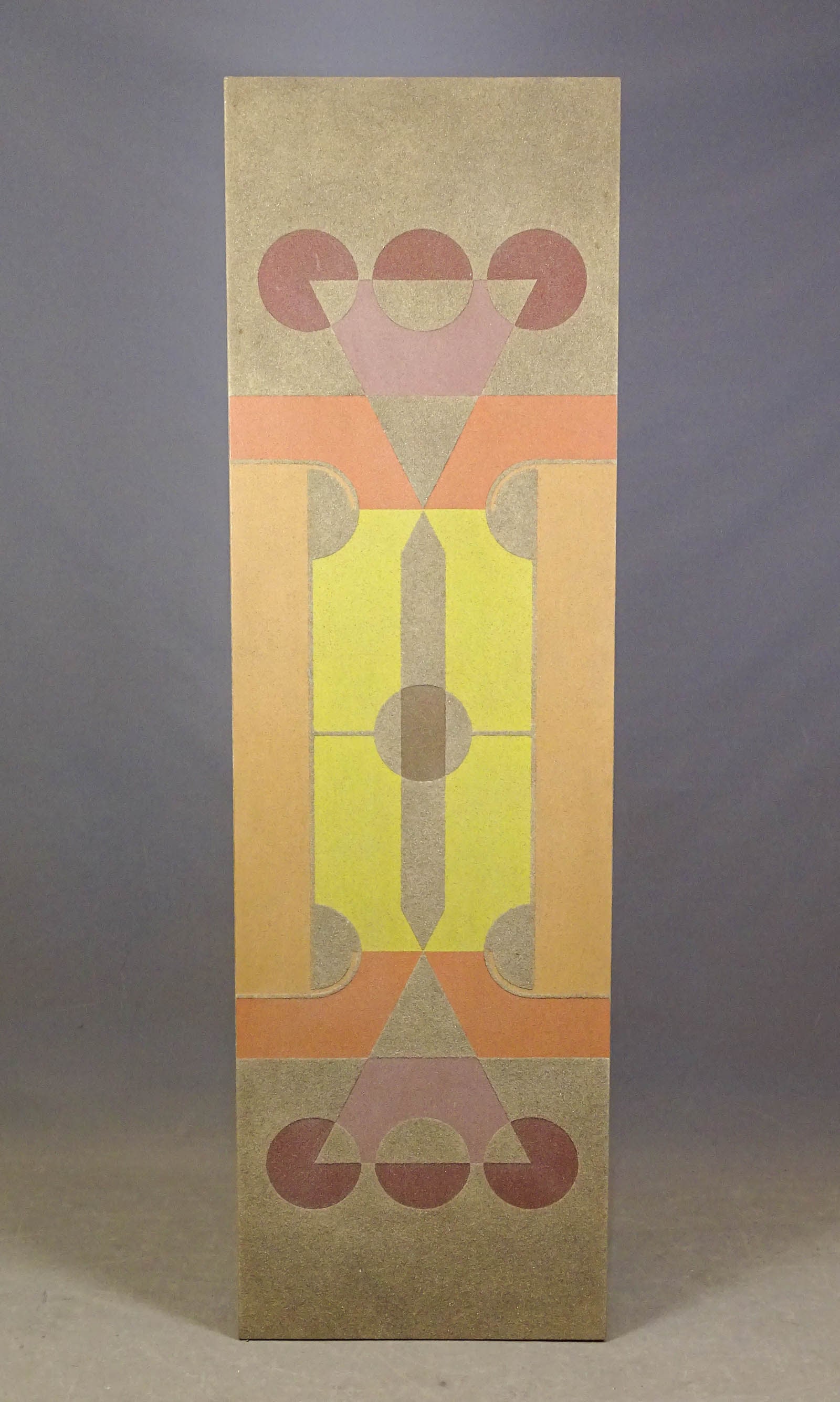 Sand Painted Door: Sy Karpen sand painted door. Modern Design. Marked verso "PAINTED IN VERO BEACH FLORIDA 1979, AUGUST 13-81 TO SY KARPEN". 24" x 81".