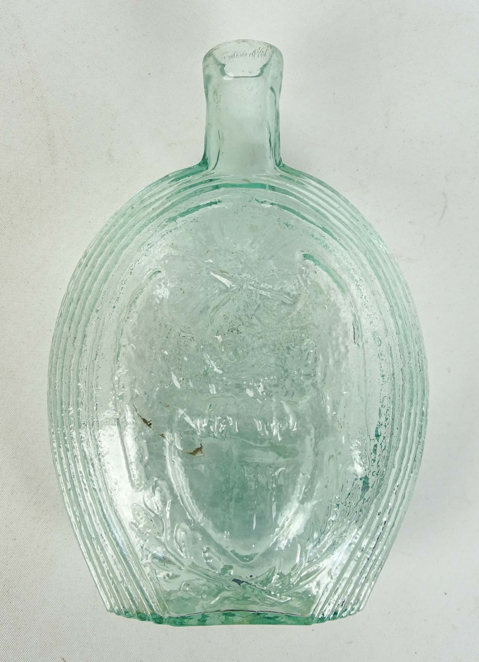Patriotic Glass Flask: Patriotic glass eagle and flag flask "FOR OUR COUNTRY". 7 1/2" Ht..