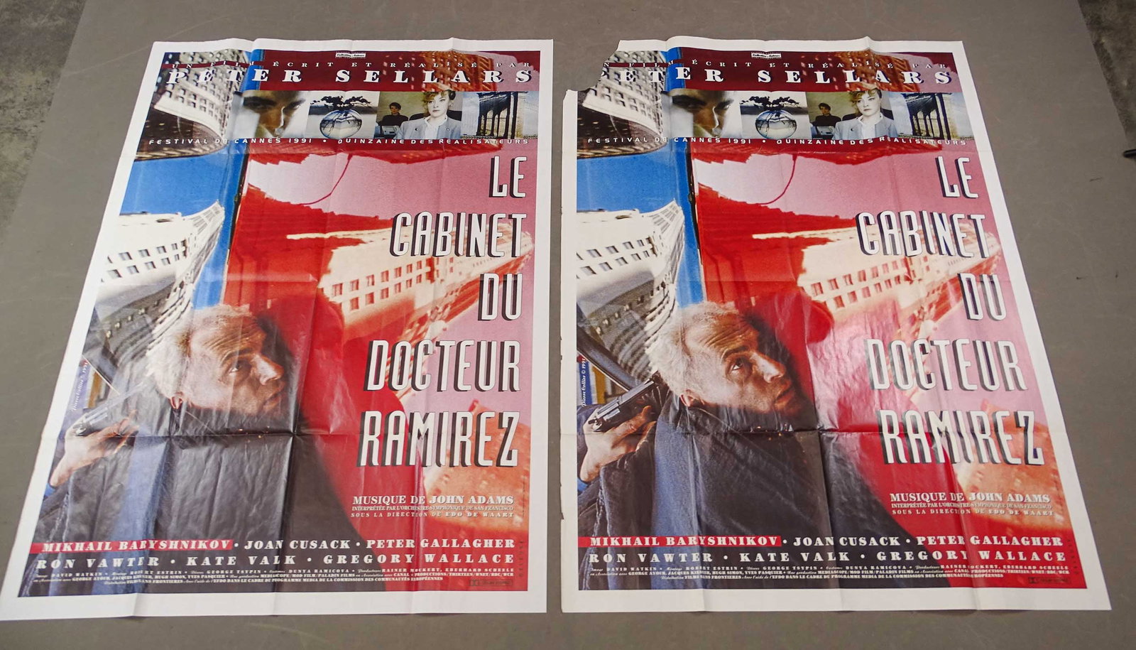 1991 French Film Posters: (2) 1991 French film posters "Le Cabinet Du Docteur Ramirez", directly by Peter Sellers starring Mikhail Baryshnikov, Joan Cusach, Peter Gallagher. 120 x 160 cm. One poster has torn corner, folded as 