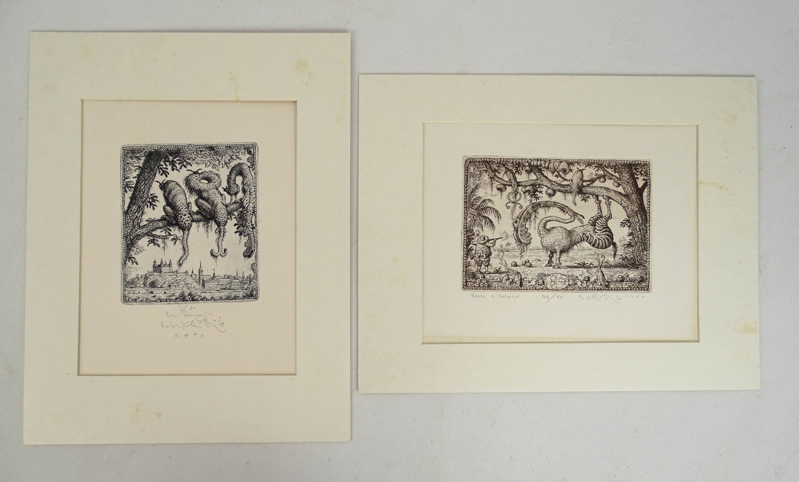 Peter Klucik Signed Prints: (2) Peter Klucik (b. 1953), signed prints from 1990 "Pri Dunavi" (4 3/4" x 6"), "Lovec A Aviera" (4 1/2" x 6 1/2").