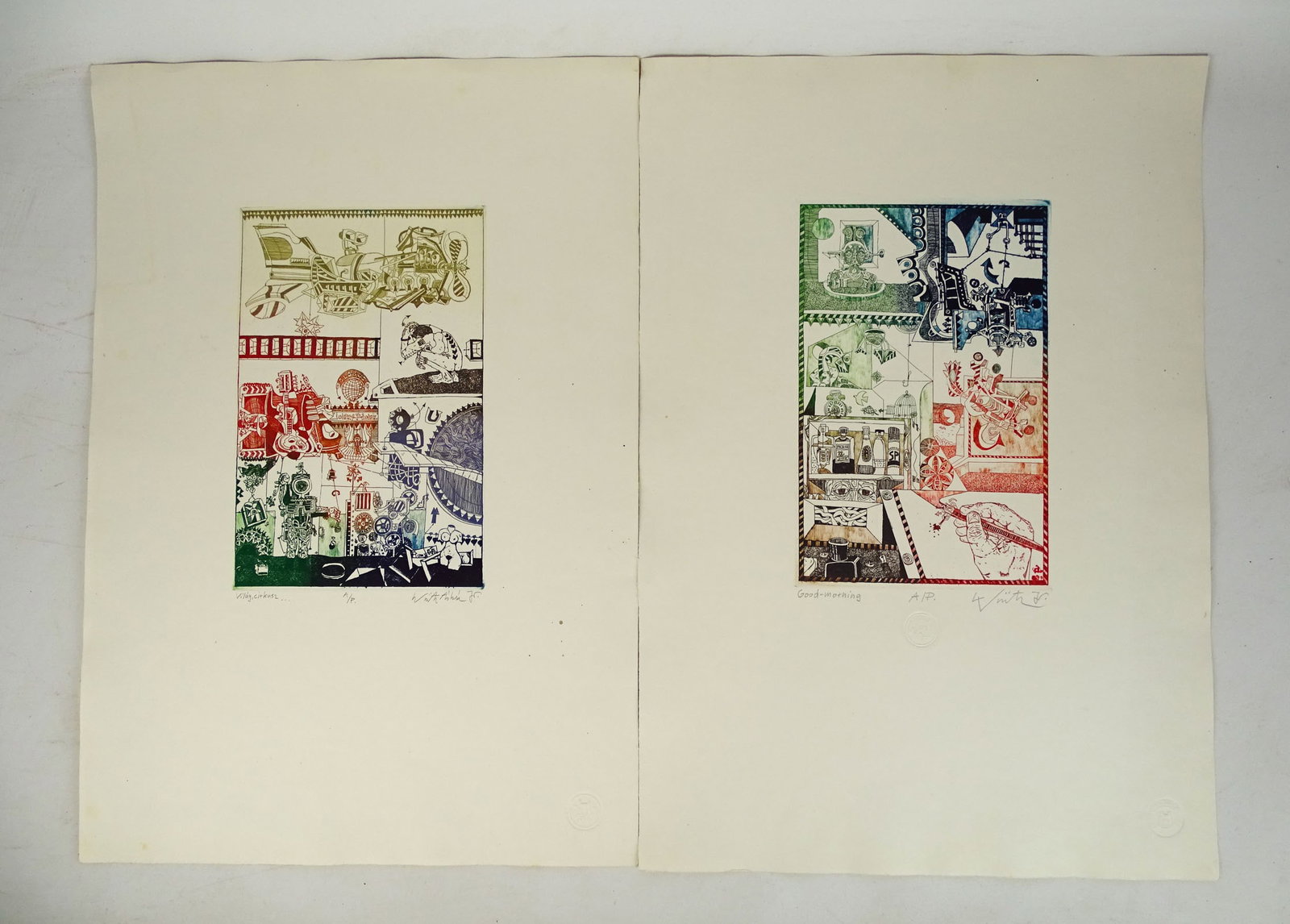 Adam Laszlo Artist's Proofs: (2) artist's proofs by Adam Laszlo (b. 1957), "Good Morning" (7 1/2" x 11 1/2"), embossed with signature stamp and printers stamp, "Vilag Cirkusz..." (World Circus..."), 7 1/2" x 11 1/2", embossed