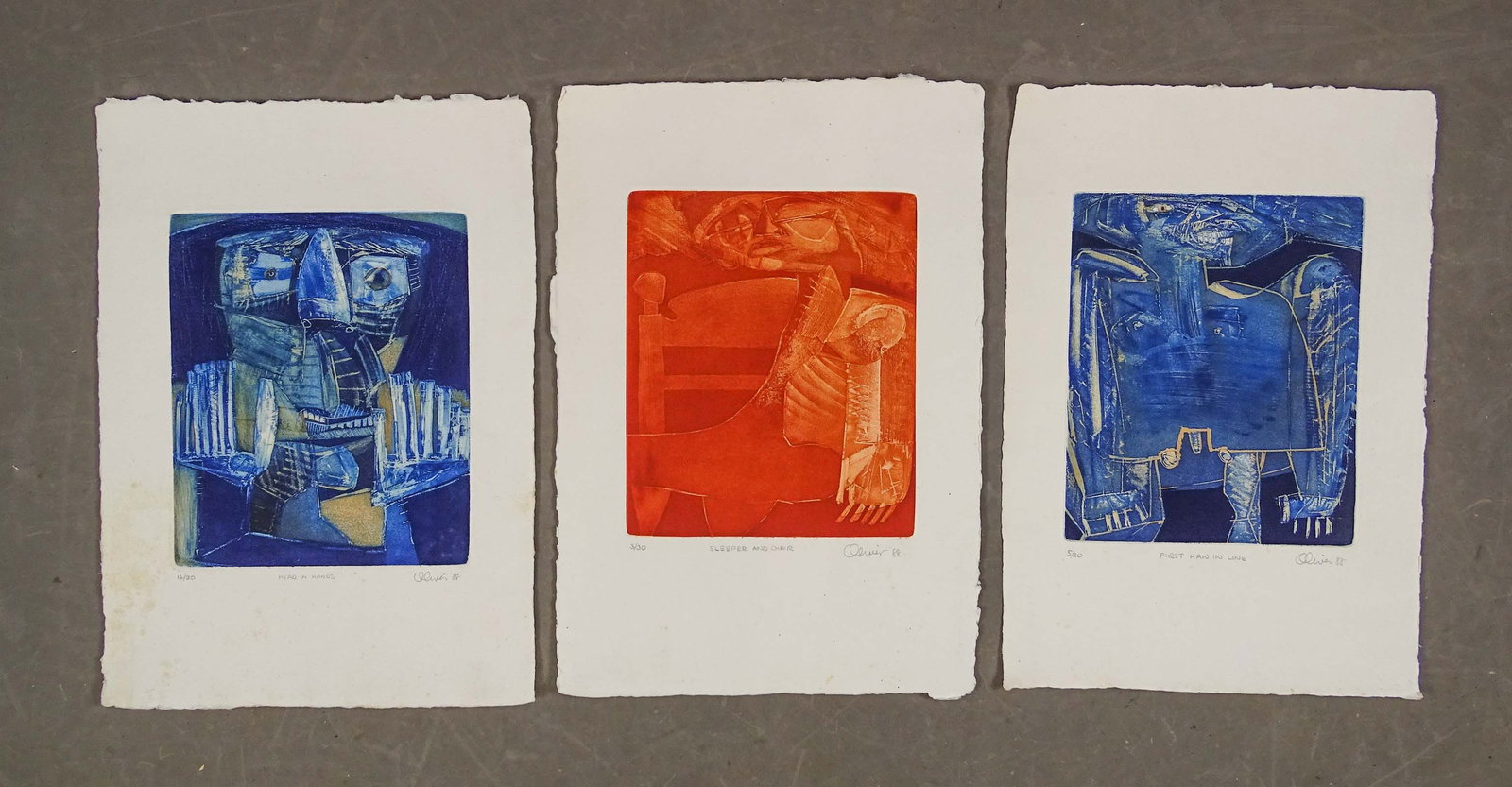 Oliver Perry Signed Prints: (3) signed prints by Oliver Perry (British b. 1973), "Head in Hands" (9 1/2" x 11 1/2"), print size 14" x 20" overall (1988), "First Man In Line" & "Sleeper and Chair" (same size and date), plus