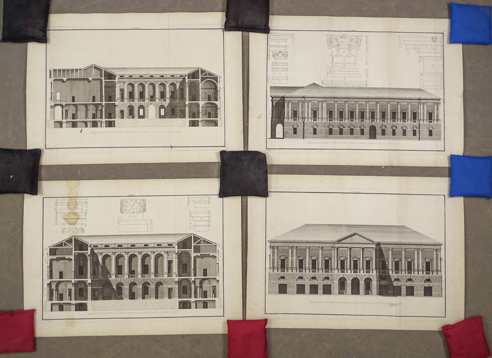 Elevation Prints: Lot (4) Elevation prints on linen. Numbered: XXIIII; XXVI; XXVII. Some staining on XXVI. 26 1/2" x 18 3/4". Appear to be Andrea Palladio Architecture.