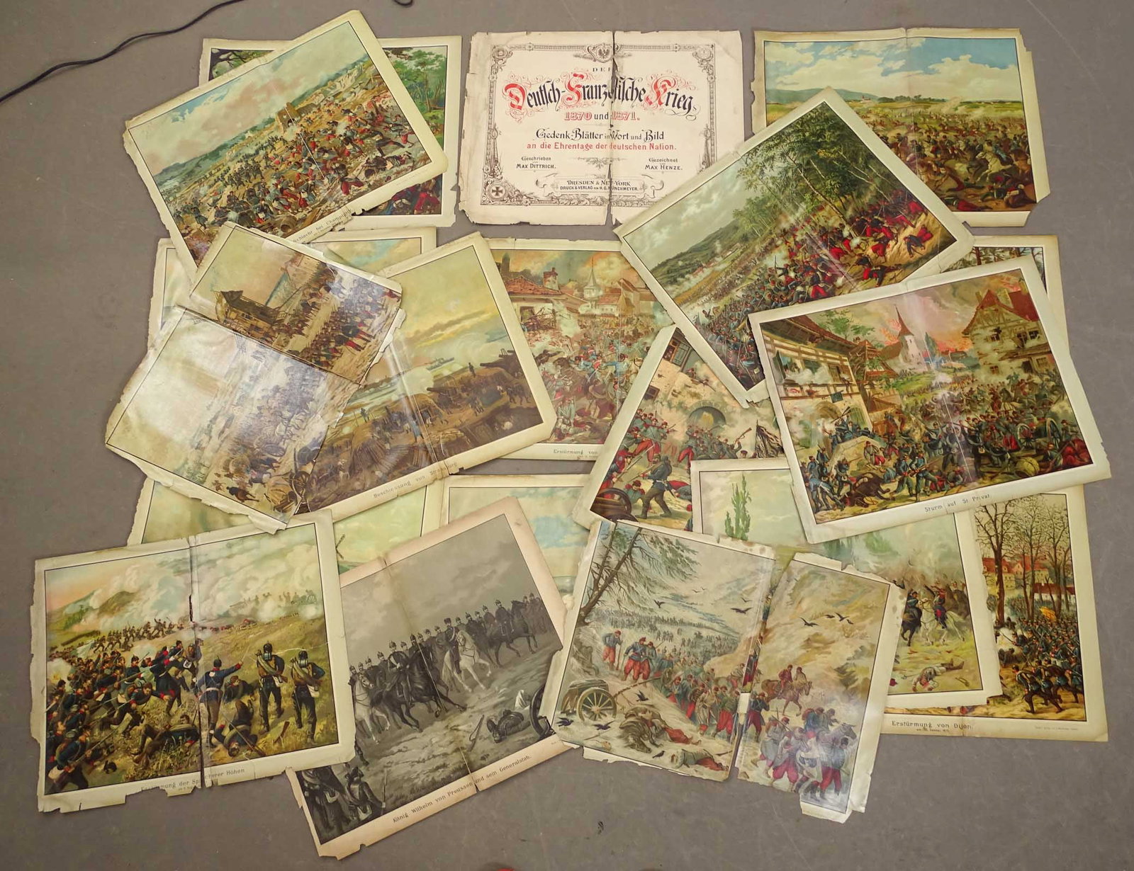 Franco-Prussian War Book: Commemorative book depicting events of The Franco-Prussian Wa. 18 chromolithographs prints by Max Henze (17 1/2" x 22"), as found condition.