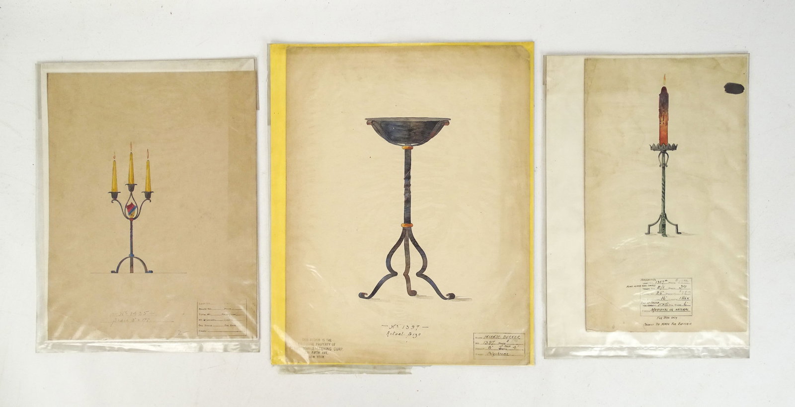 Technical Drawings: Lot (3) technical drawings. (2) candlesticks and incense burner. Largest 11" x 15 1/4".