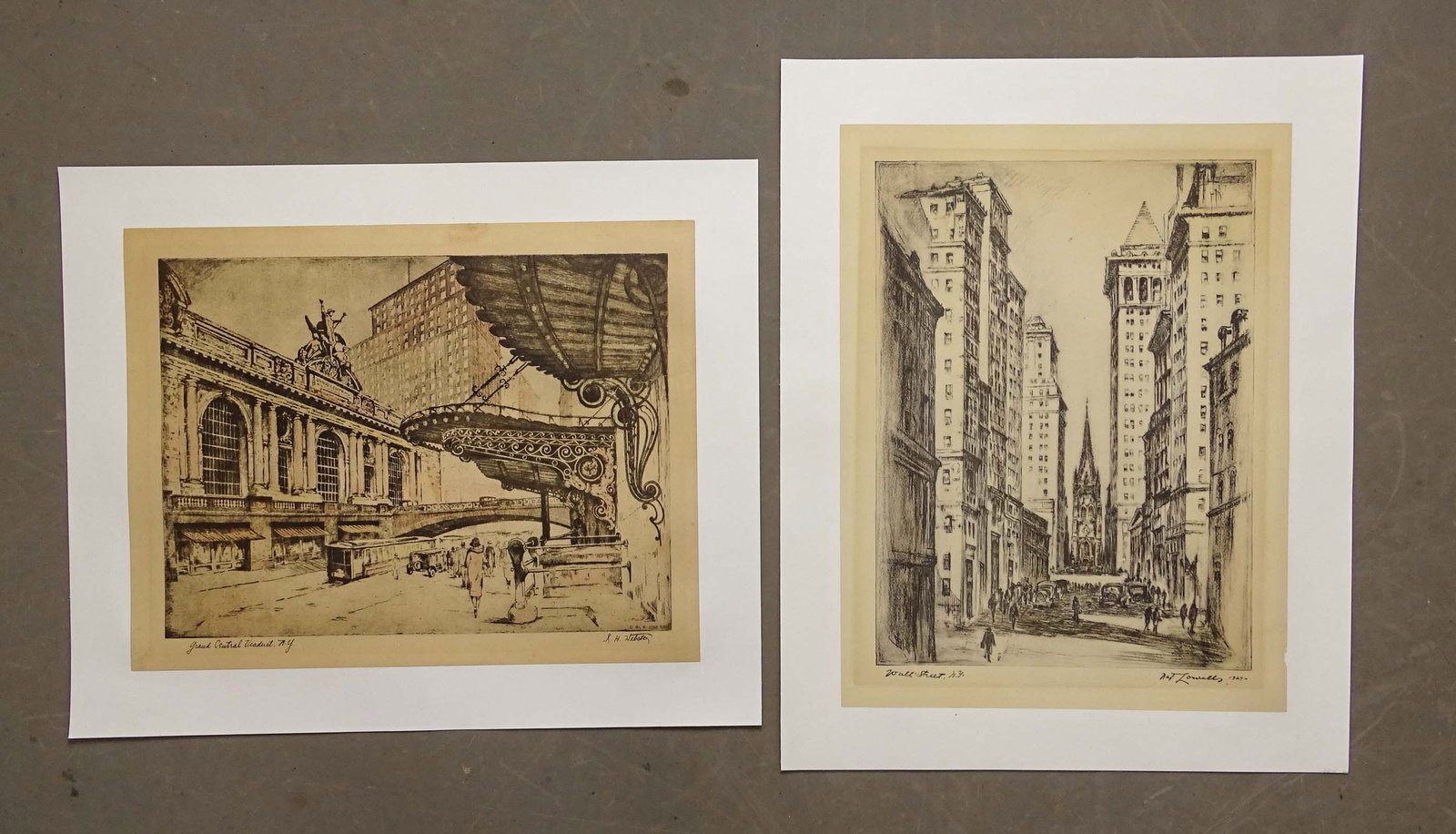 N.Y.C. Prints: Lot (2) mounted N.Y.C. prints: Grand Central Viaduct, NY by J.H. Webster (14" x 18"), & Wall Street N.Y. by Nat Lowell (1880-1956). 14" x 18 1/2".