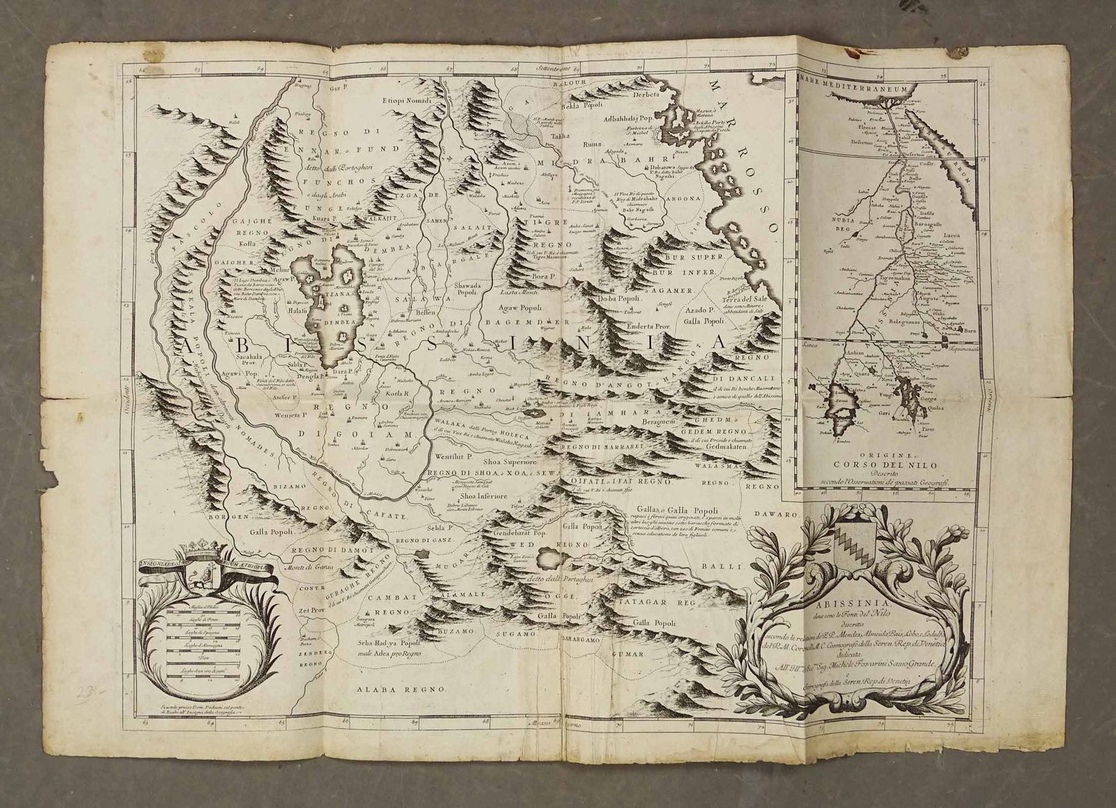 Abissinia Map: Abissinia Map by Italian Cartogrpaher Vincenzo Maria Coronelli. Published in Venice 1690, map of Ethiopia Highlands showing the source of The Blue Nile and focusing on Lake Tana.