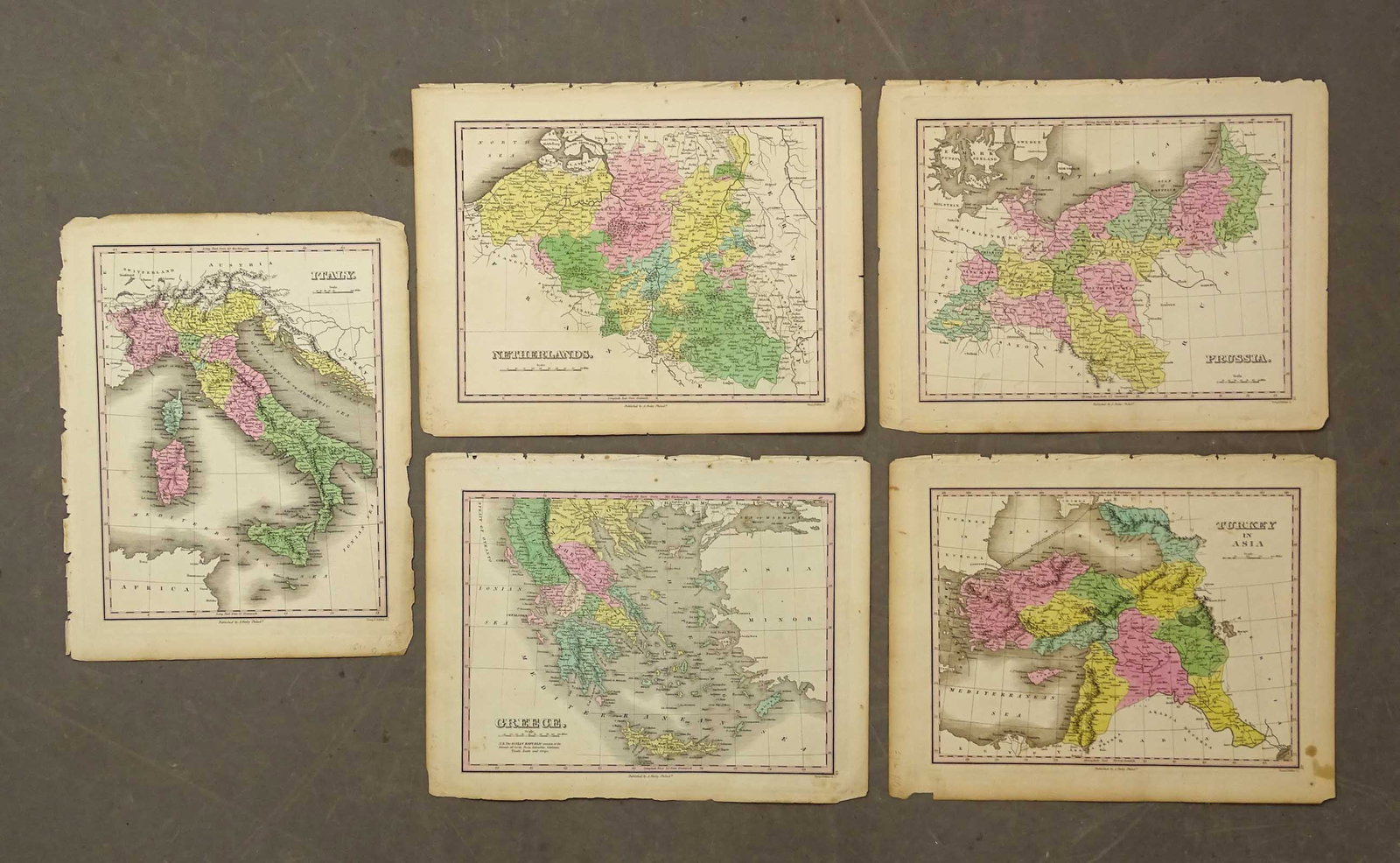 Atlas Maps: Lot (4) Anthony Finley "A New General Atlas Maps", published in 1825. Included: Italy, Greece, Prussia, Netherlands. 10 1/2" x 13 1/2" (paper size).