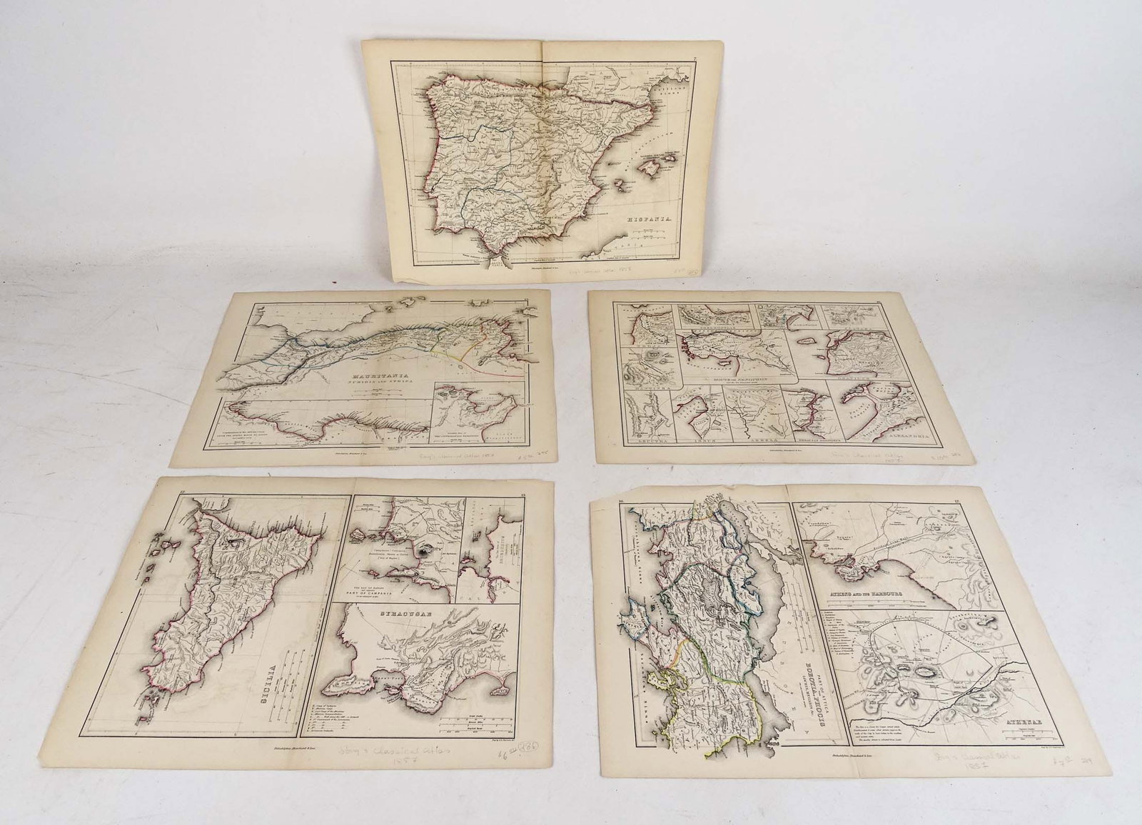 Map Lot: Lot (4) maps from Long's Classical Atlas 1857. Included: Sicaly, Boetia, Hispania, Mauritania, Trova. Published by Blanchard & Lea, Philadelphia. 10" x 13 1/2" (paper size).