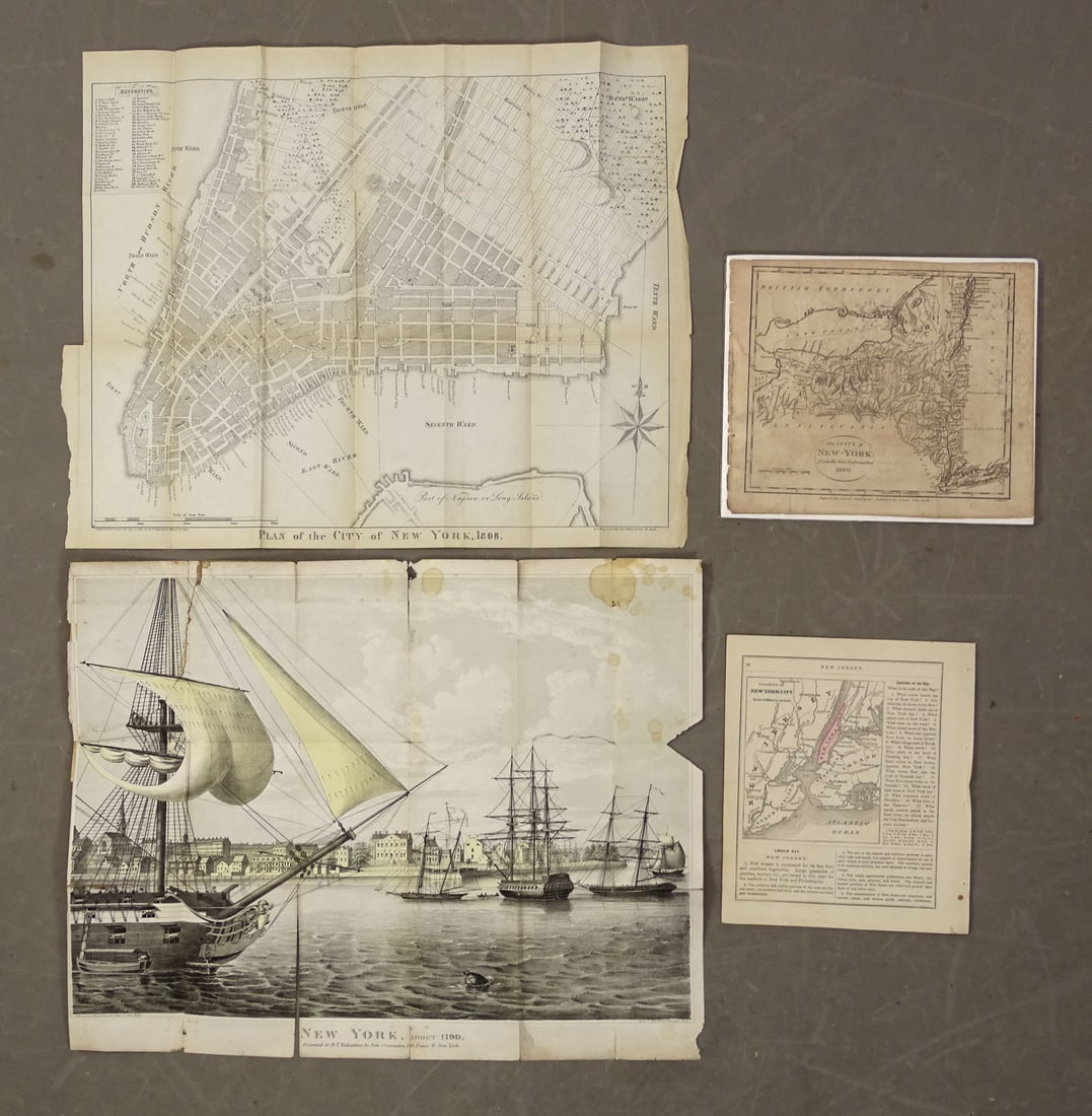 New York Maps: Lot of New York maps and fold out of "New York About 1790". Maps: The state of New-York From The Best Information 180 (8 1/4" x 10"), "Plan of the Cit of New York 1808" (16 1/2" x 20 1/4"), "Map of