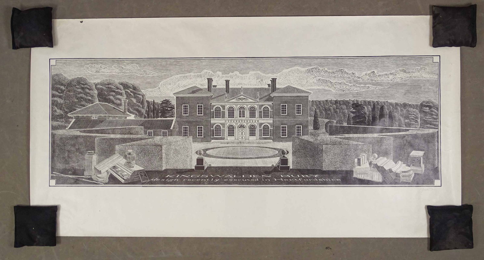 Print "King Walden Bury Design...: Print: "King Walden Bury Design Recently Executed In Hertfordshire", linocut print signed by architect Quinlan Terry (b. 1937) LRC, print 17 1/2" x 53 1/4, overall 30' x 58 1/4".