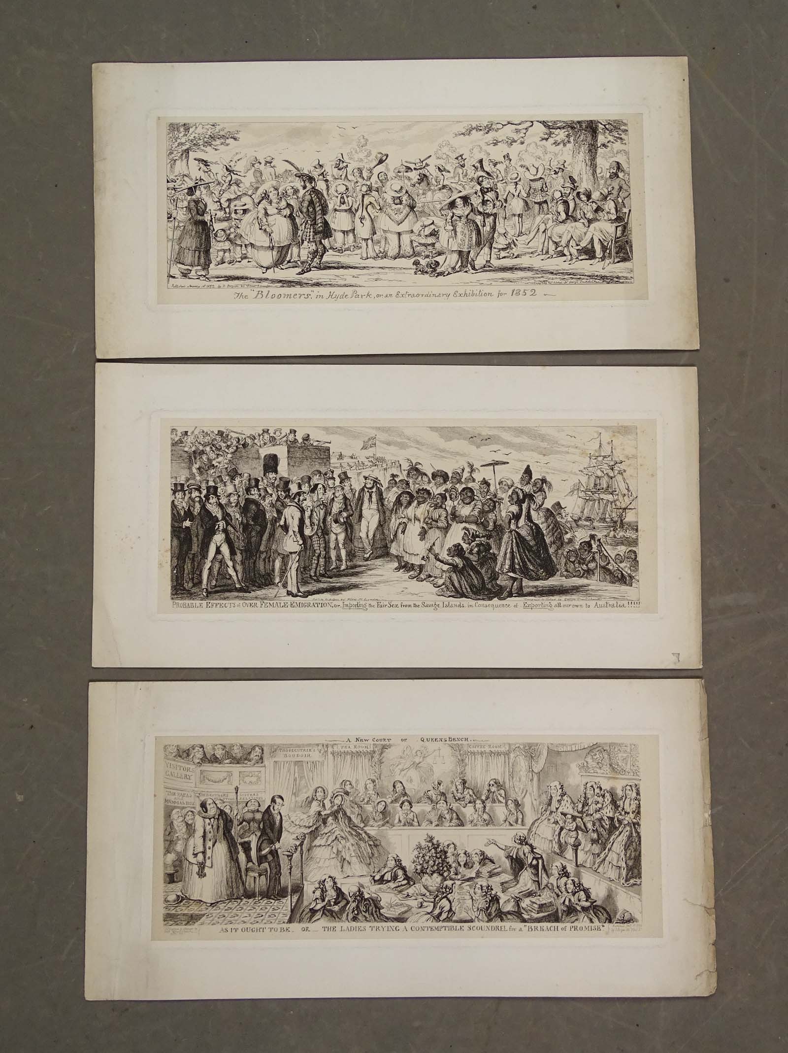 George Cruikshank Etchings: Lot of (3) steel etchings by British artist George Cruikshank "Bloomers in Hyde Park", "Probably Effects of Over Femail Emigration", "A New Court of Queens Bench". 6 1/2" x 16 1/4", overall 10" x 19