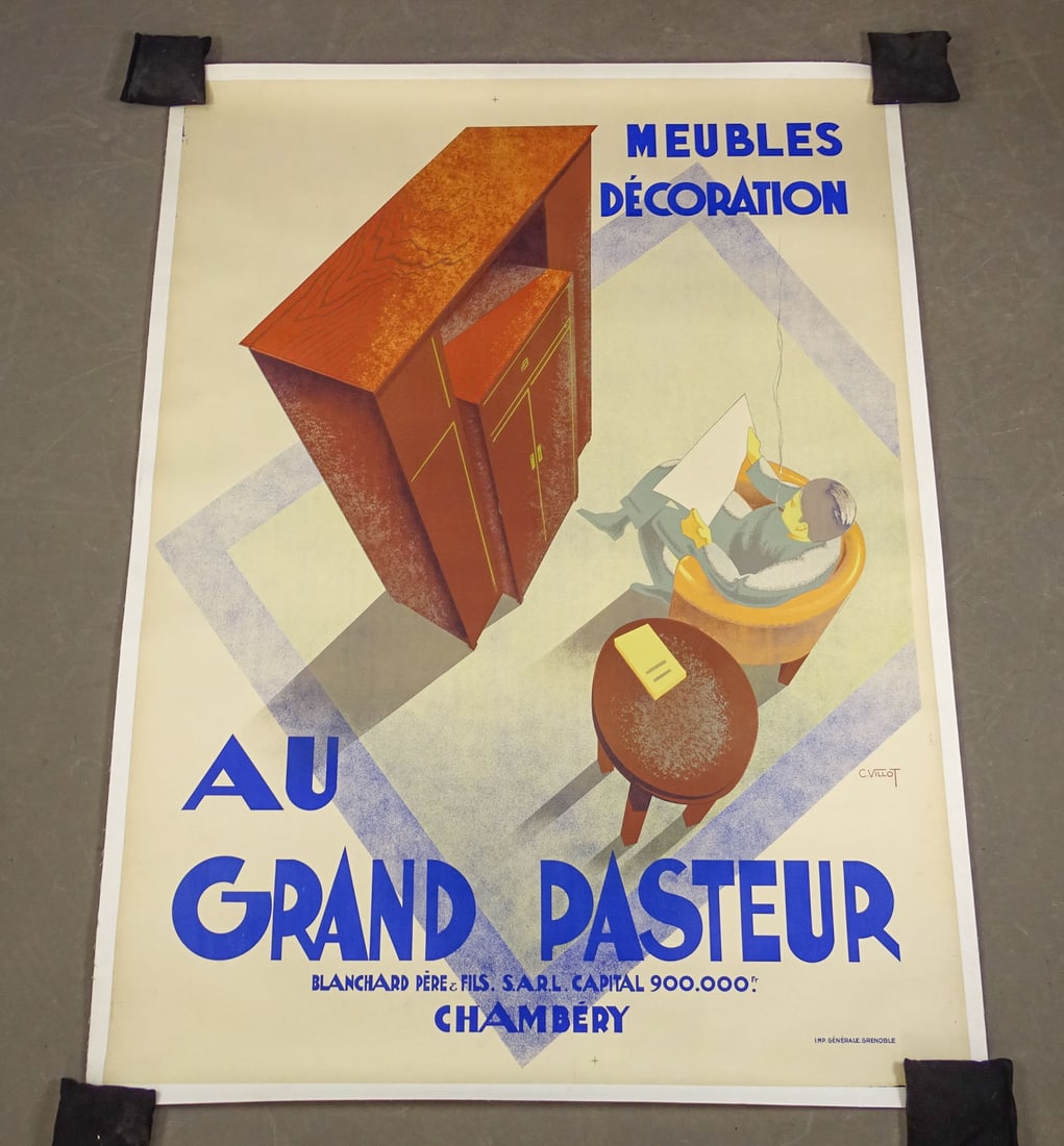 French Poster: French poster "Au Grand Pasteur", French Art Deco furniture advertising. Linen backed lithograph. Designed by C. Villot. 47" x 63", 49' x 65" overall.