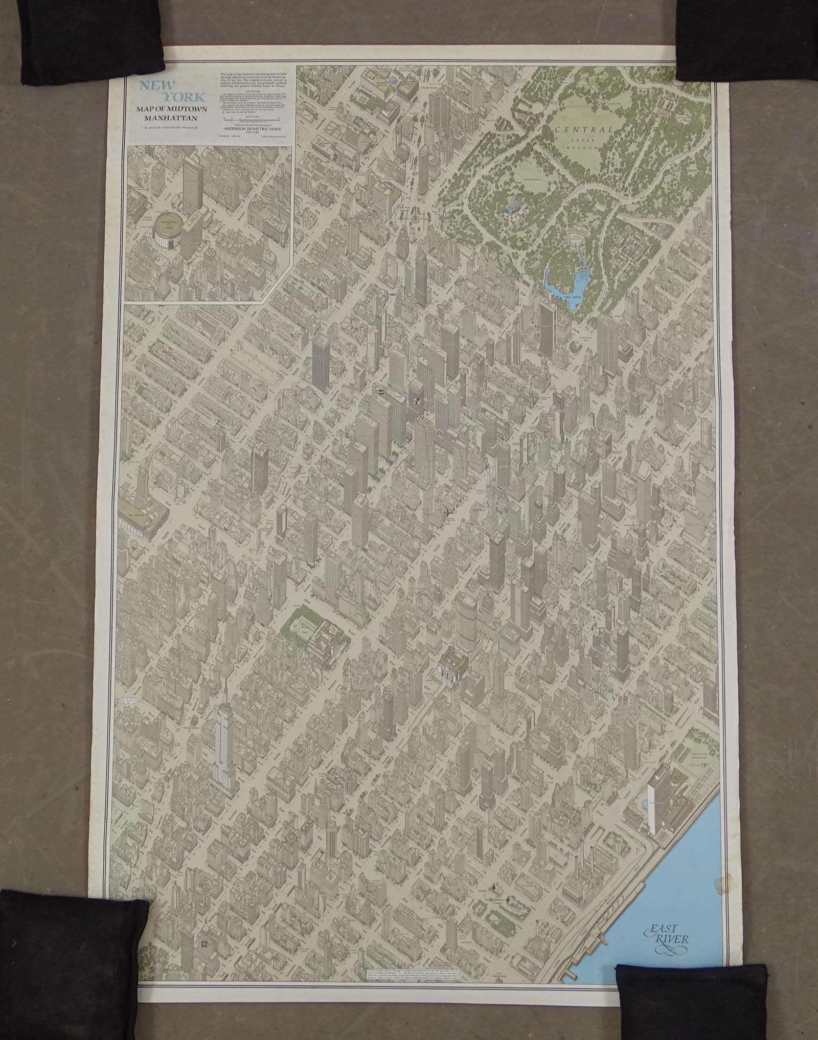 Map of New York: New Map of Midtown Manhattan in detailed Axonometric Projection. 1890 by Anderson Isometric Maps. 25 1/4" x 38" overall.