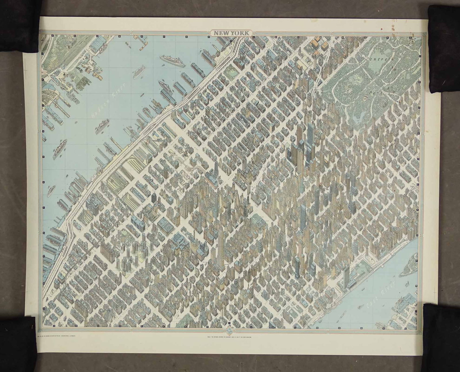 Map of New York: New York Isometric View of Manhattan created by German Cartographer Hermann Bollmann. 22 3/4" x 28".
