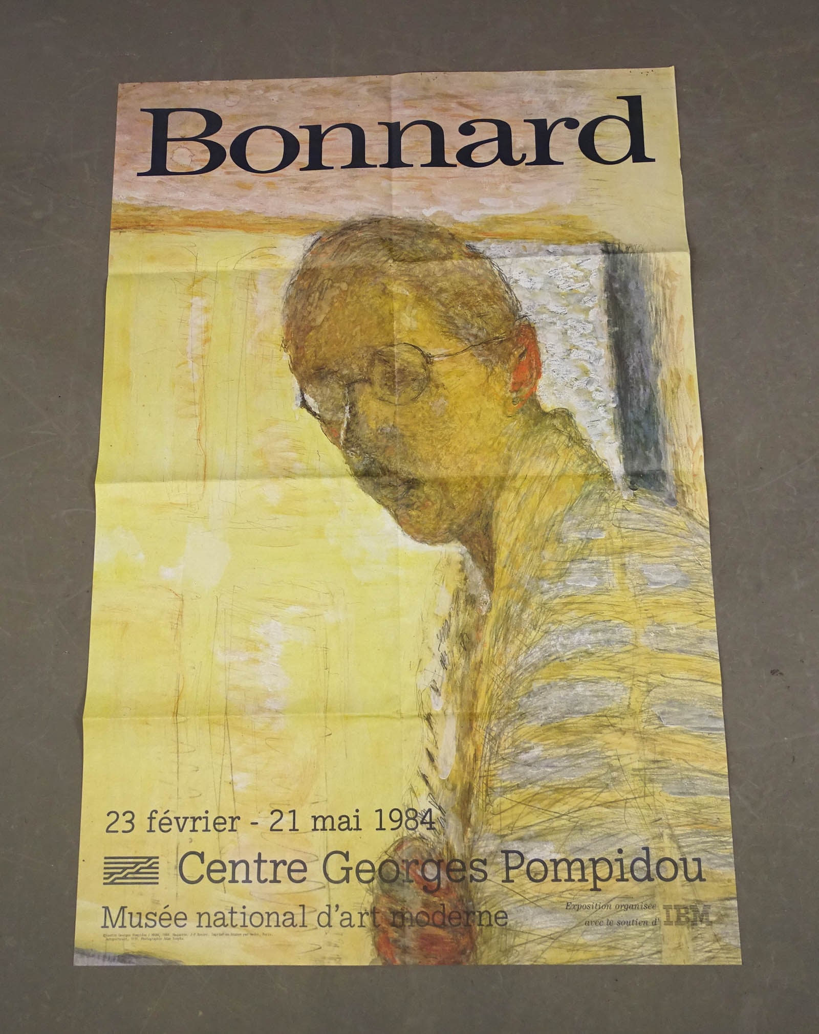 Pierre Bonnard Exhibition Poster: 1984 Pierre Bonnard exhibition poster at The Centre Georges Pomidou in Paris. Image is a self portrait. 100cm x 150cm. Folded.