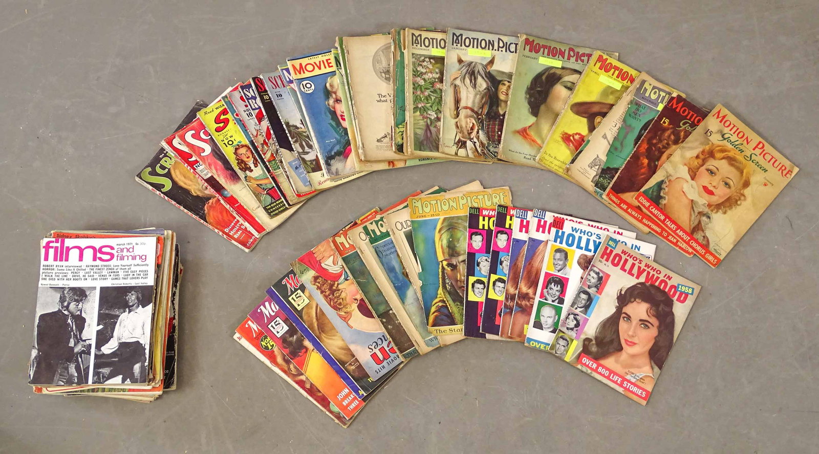 Movie Magazines: Movie Magazines including: "Who's Who in Hollywood" (1950-58), "Motion Picture" (various issues, 1920-30's), "Screen Romances", "Movie Classics" and more.