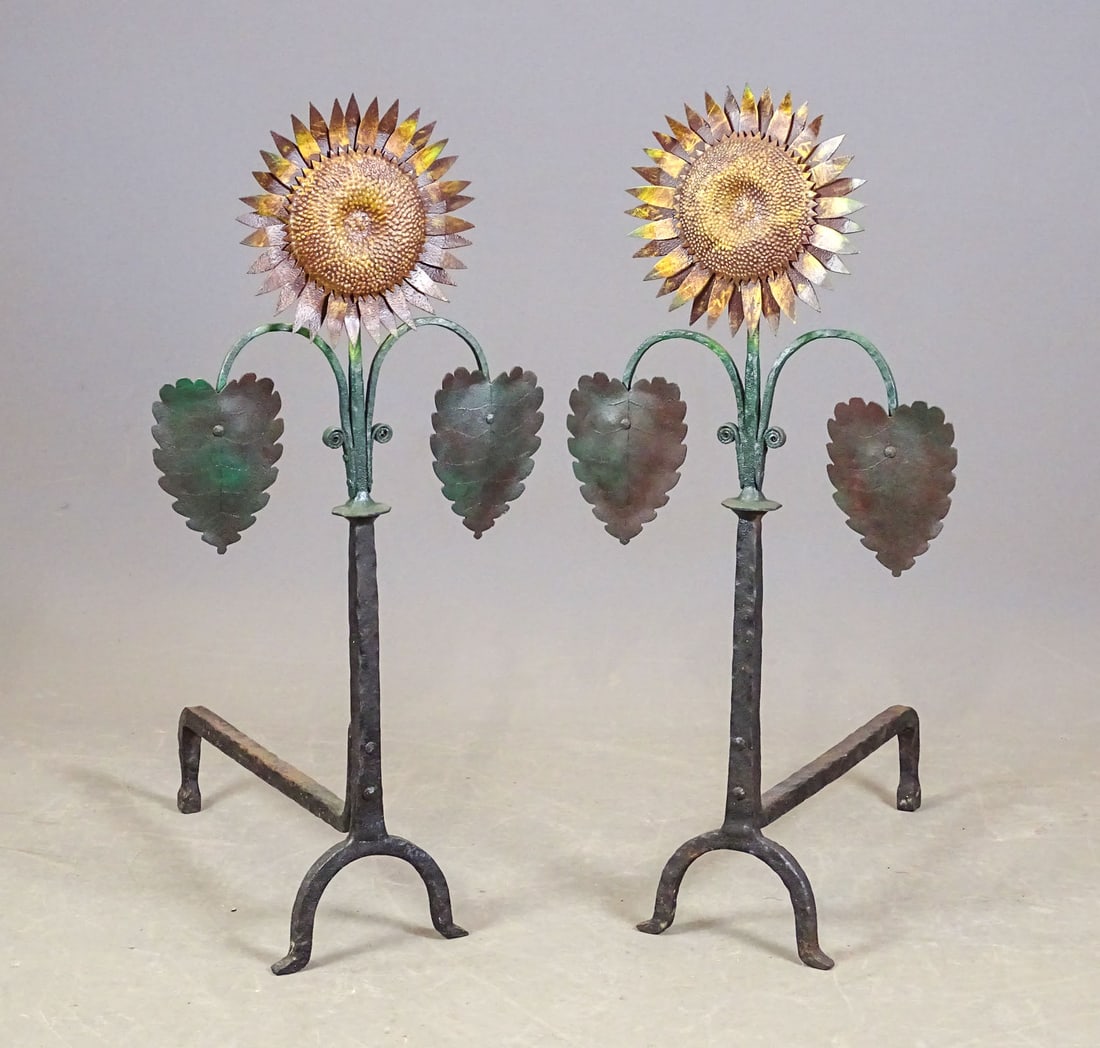 Pair Sunflower Andirons: Pair of iron Sunflower andirons. Painted. 37" Ht., 22" D..