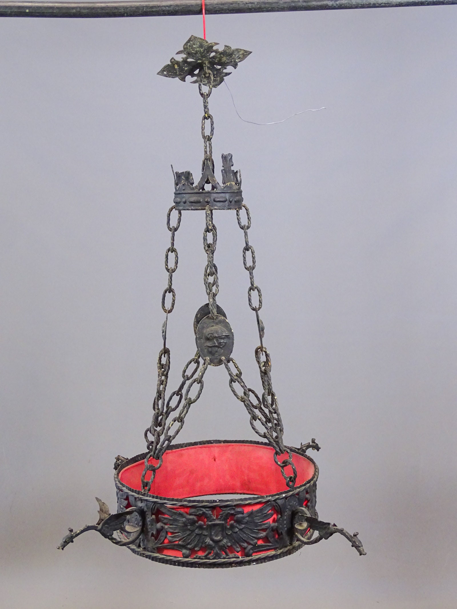 Iron Hanging Chandelier: Iron hanging chandelier with stylized dragons extending from ring. 27" Ht..