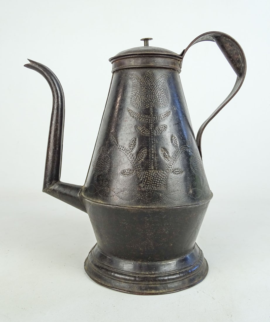 Punched Tin Coffee Pot: Punched tin coffee pot with brass finial. 11 1/2" Ht..