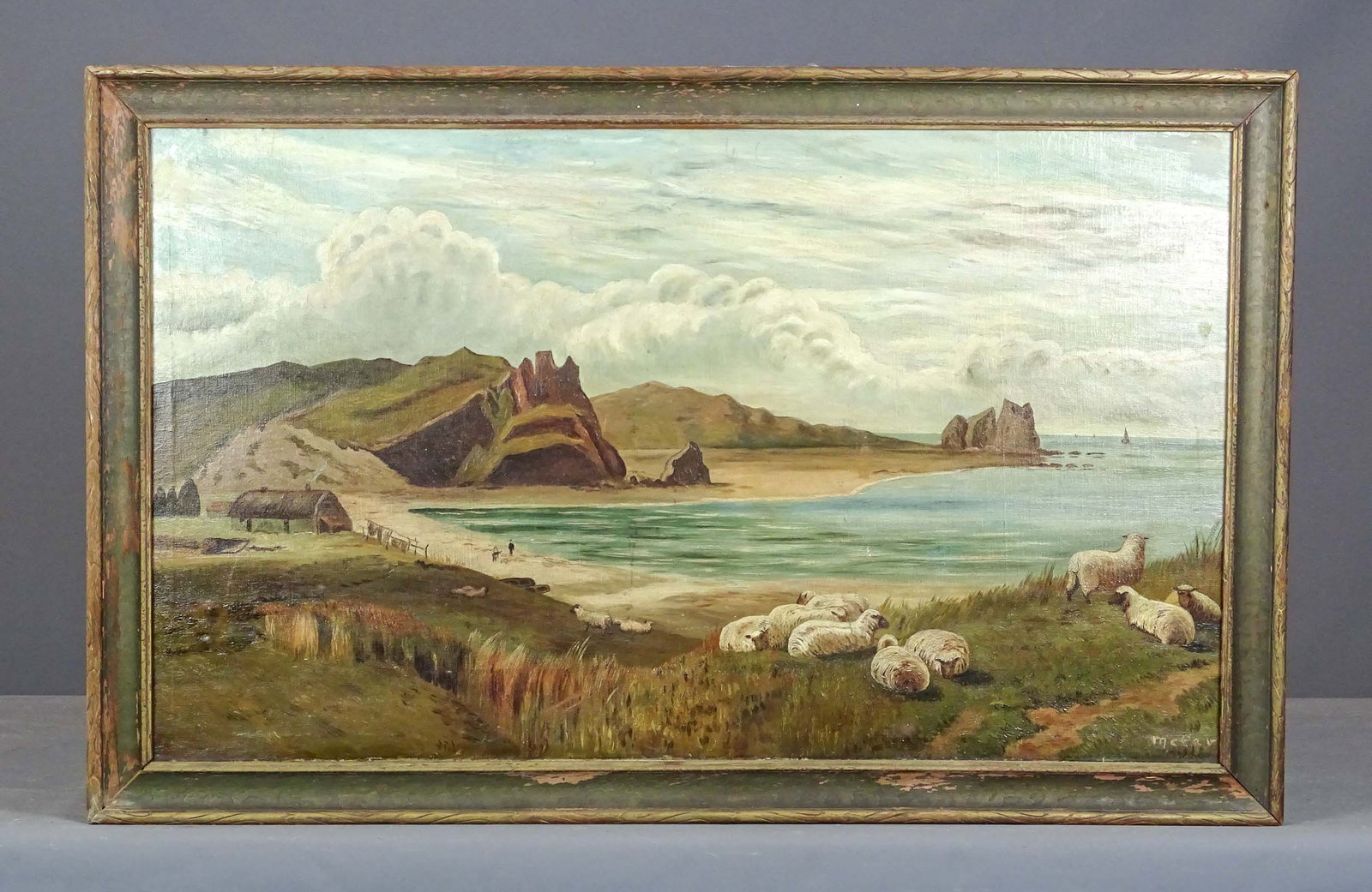 Painting: Seascape: Painting: Early coastal seascape with sheep. Oil on canvas. Signed indistinctly "McCar...". Overall 24" x 37 3/4".