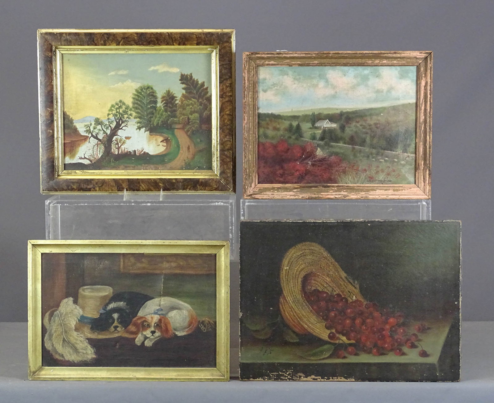 Artwork Lot: 19th c. artwork lot in "as found" condition. Includes: Signed still life (illegible), straw hat with cherries (16" x 22"), dog portrait, pair of King Charles Spaniels (as is, frame 14" x 20 1/4"),