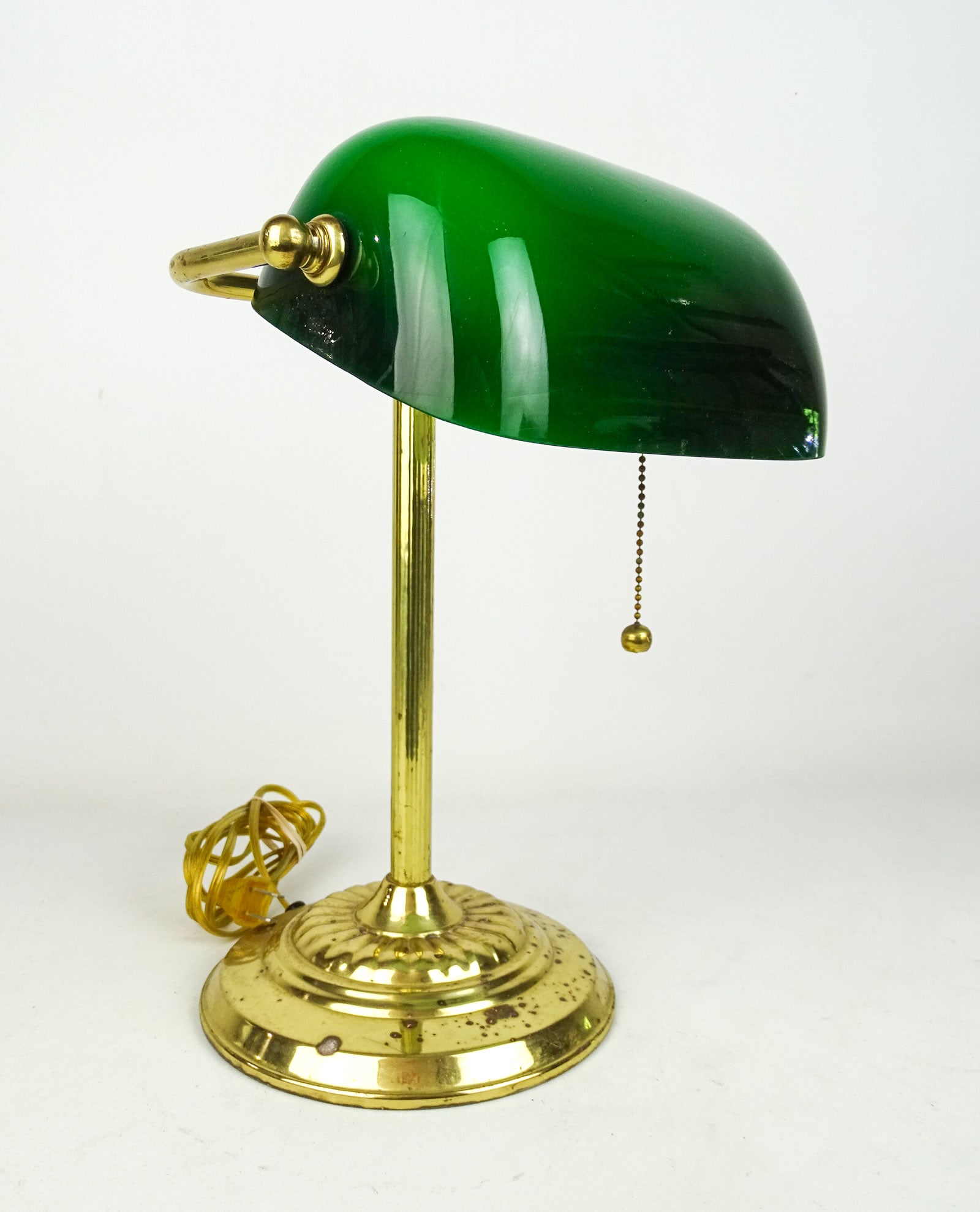 Desk Lamp: Brass and green glass table lamp.15" Ht..