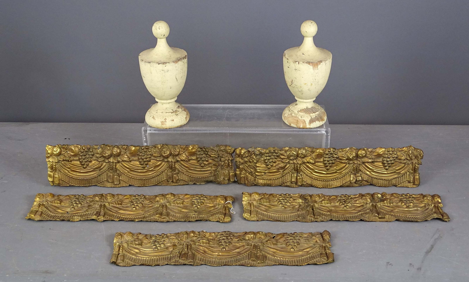 Misc. Lot: Misc. lot including: Pair of wooden finials (10 3/4" Ht.), (5) brass valances (4" x 19").