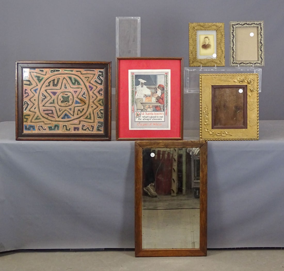 Framed Lot: Misc. framed lot including: Ethnic textile (24" x 20"), oak frame mirror (29 1/2" x 18"), (3) Victorian frames, framed Cream of Wheat ad (overall 21" x 17").