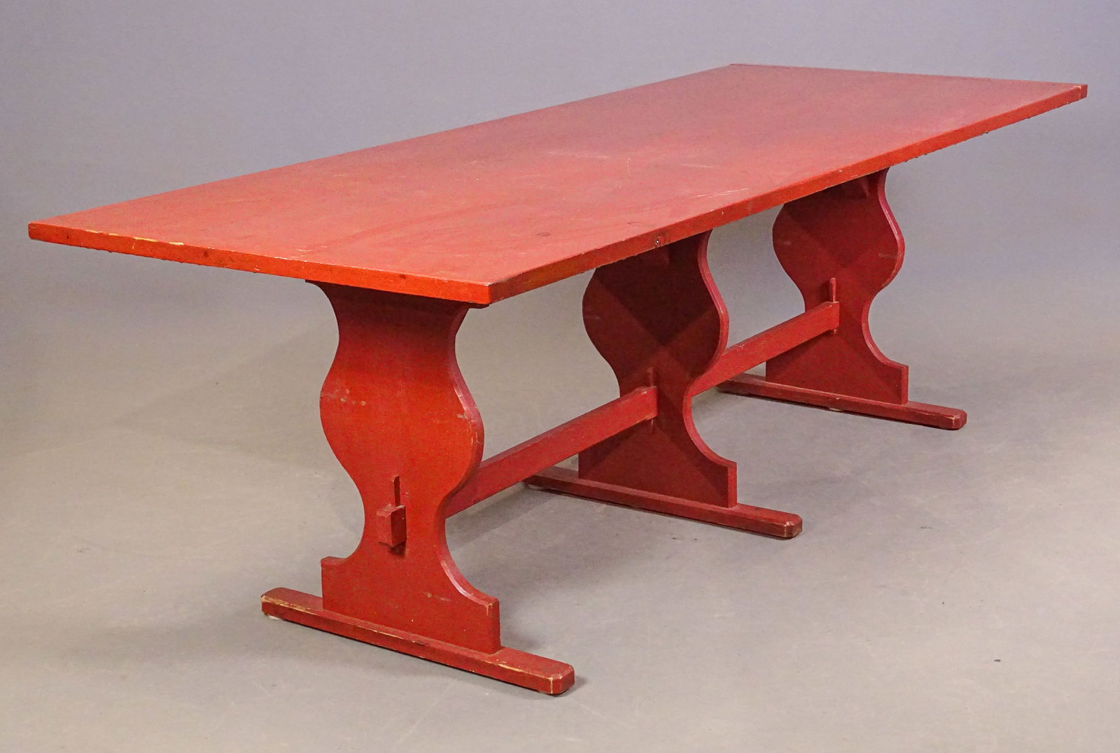 Farm Table: Contemporary farm table with tri-panel base. 7' L., 33 3/4" x 28" Ht..