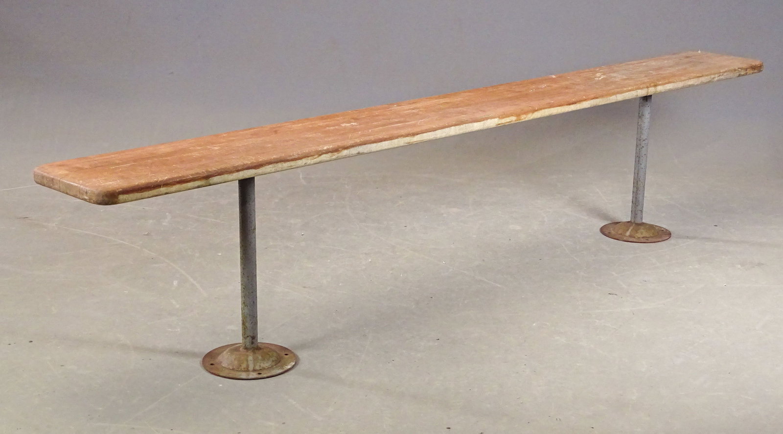 Long Bench with Metal Legs: Long bench with metal legs. 7' L., 9 1/2" x 17 1/2" Ht..