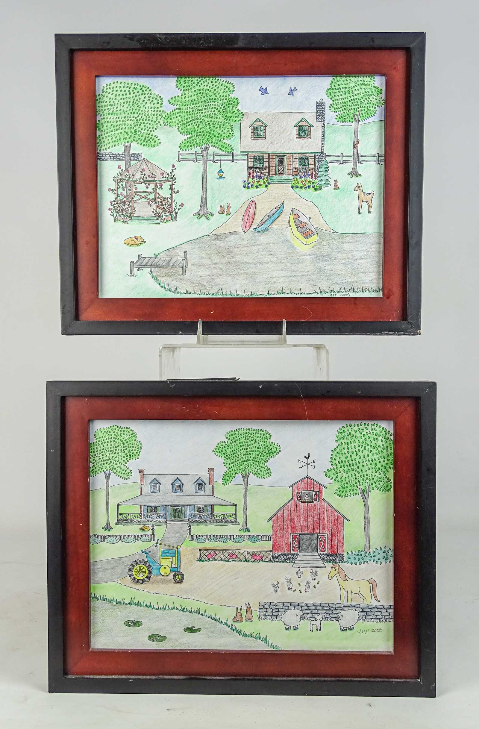 Pair Folk Art Paintings: Pair of contemporary folk art paintings. Signed "JMP 2008". Overall 13" x 16".
