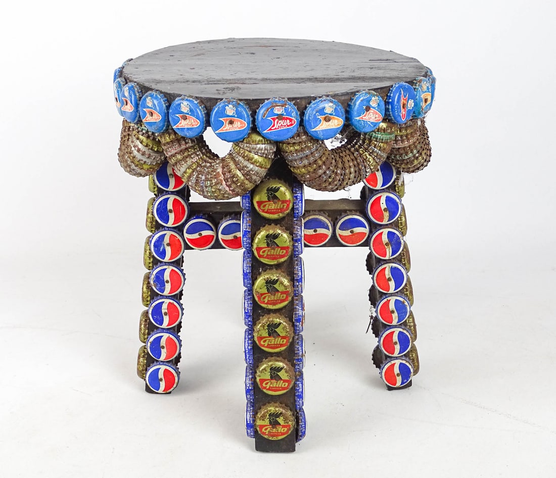 Folk Art Bottle Cap Stool: Folk art bottle cap stool. 9 1/4" D., 10 1/2" Ht..