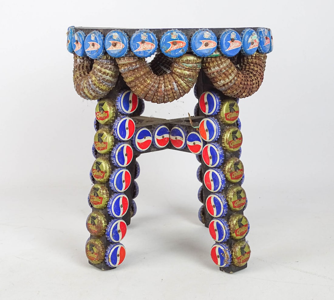 Folk Art Bottle Cap Stool - 3