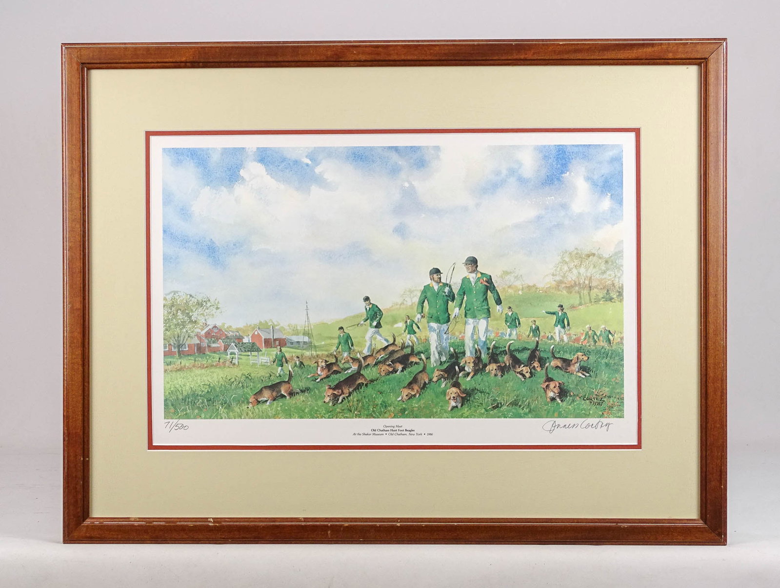 Painting Signed Cortez: Painting: Cortez "Opening Meet Old Chatham Hunt Foot Beagles...At the Shaker Museum Old Chatham N.Y. 1986". Overall 21 3/4" x 28 3/4".