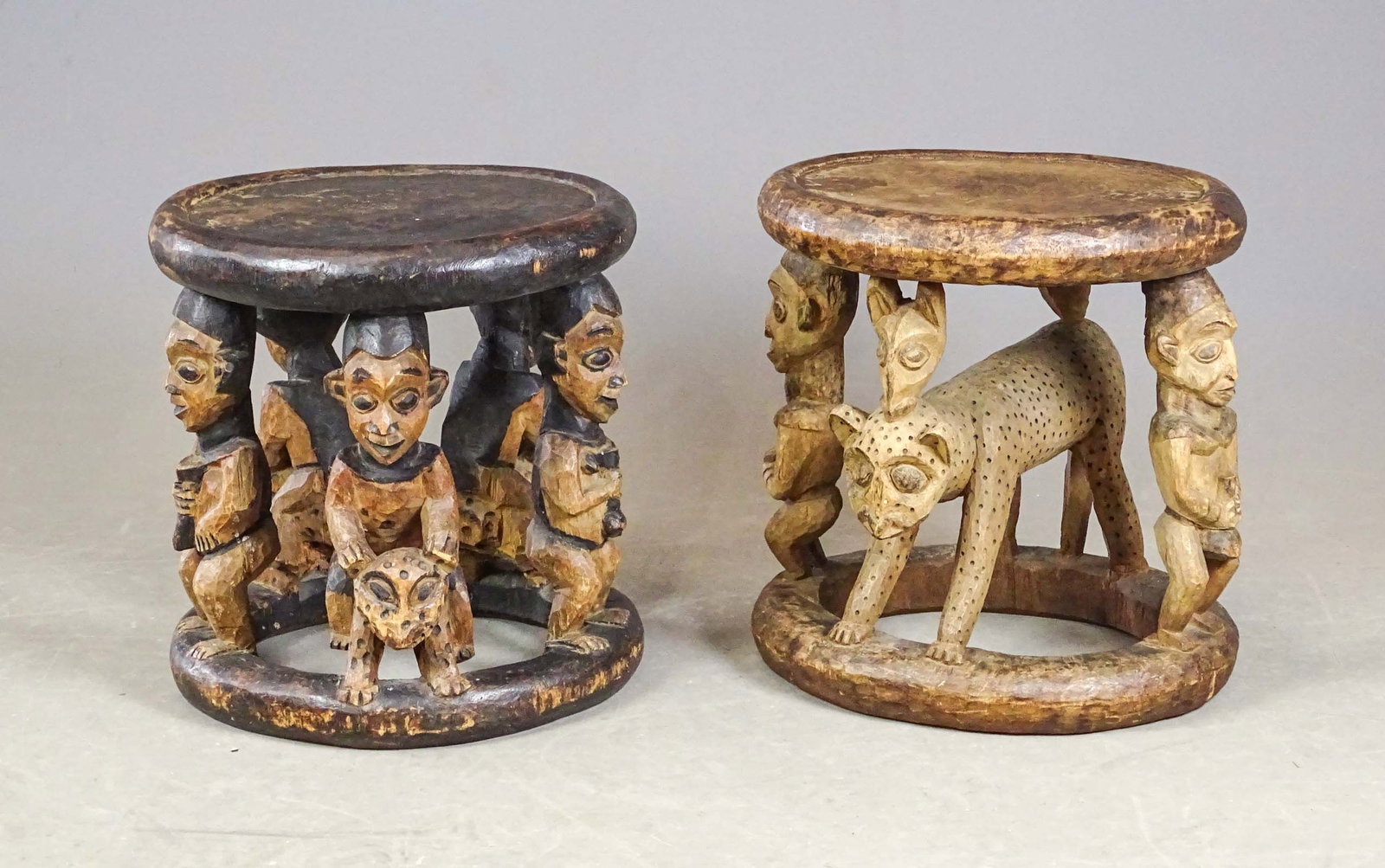 Pair Stools: Pair of hand carved African stools. Possibly Cameroon. 15 1/2" D., 15 1/2" Ht..