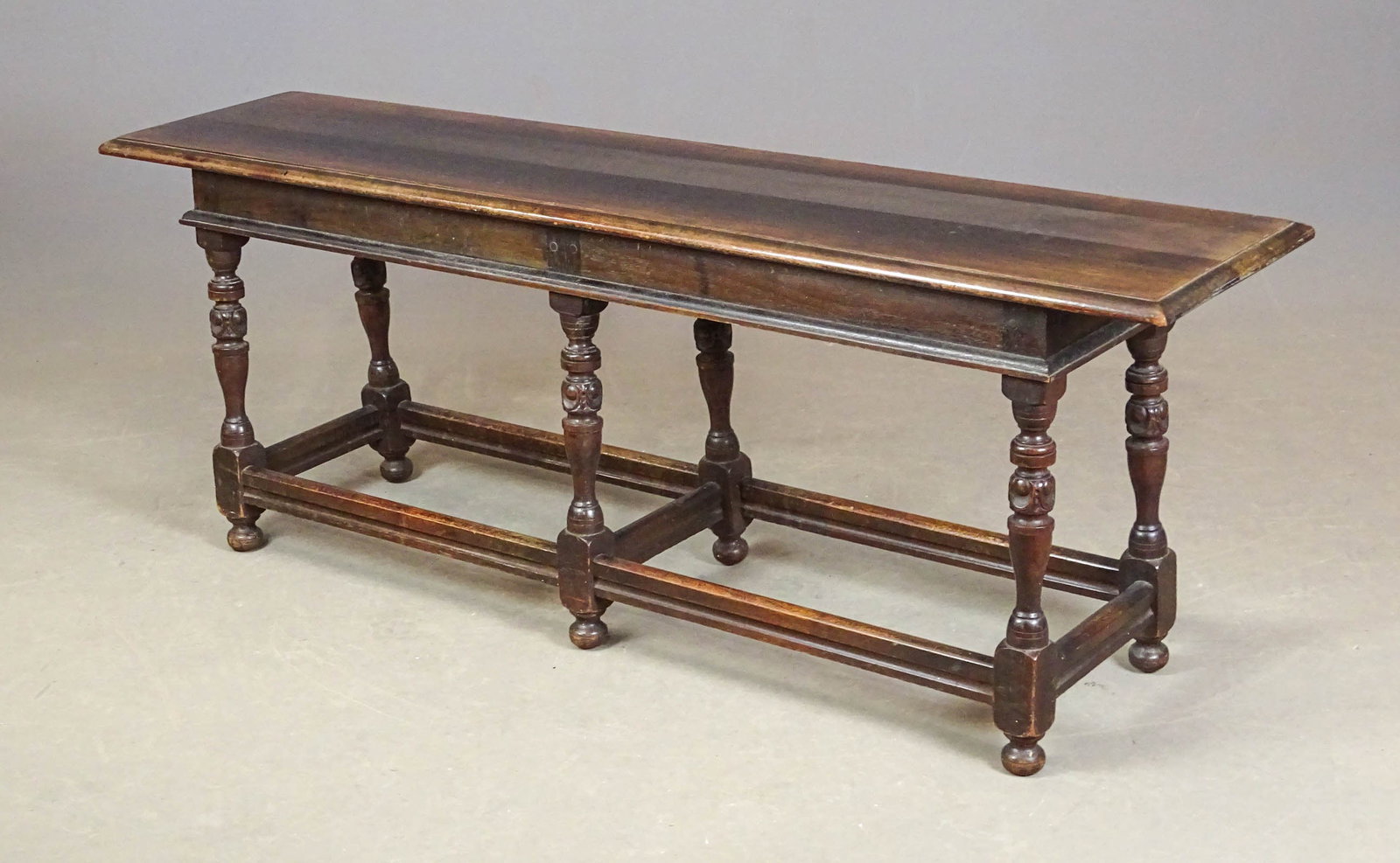 Jacobean Hall Bench: Jacobean style hall bench. 54" x 12 1/2" x 20" Ht..