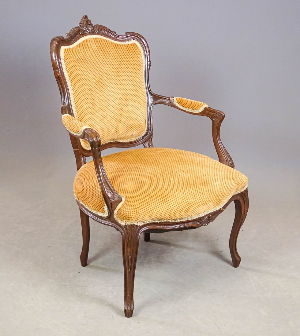 French Armchair: French Louis XV style Fauteuil upholstered armchair. As is. 16" seat Ht., 36 3/4" overall Ht..