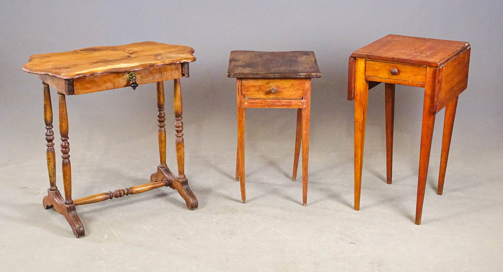 Furniture Lot: Lot including: 19th c. cottage pine shaped top stand (30" x 18" x 27 1/2"), 19th c. single drawer stand with tapered legs (15 1/2" x 18" x 24 1/2"), 19th c. dropleaf stand (14 1/2" x 18" with 7 1/2"