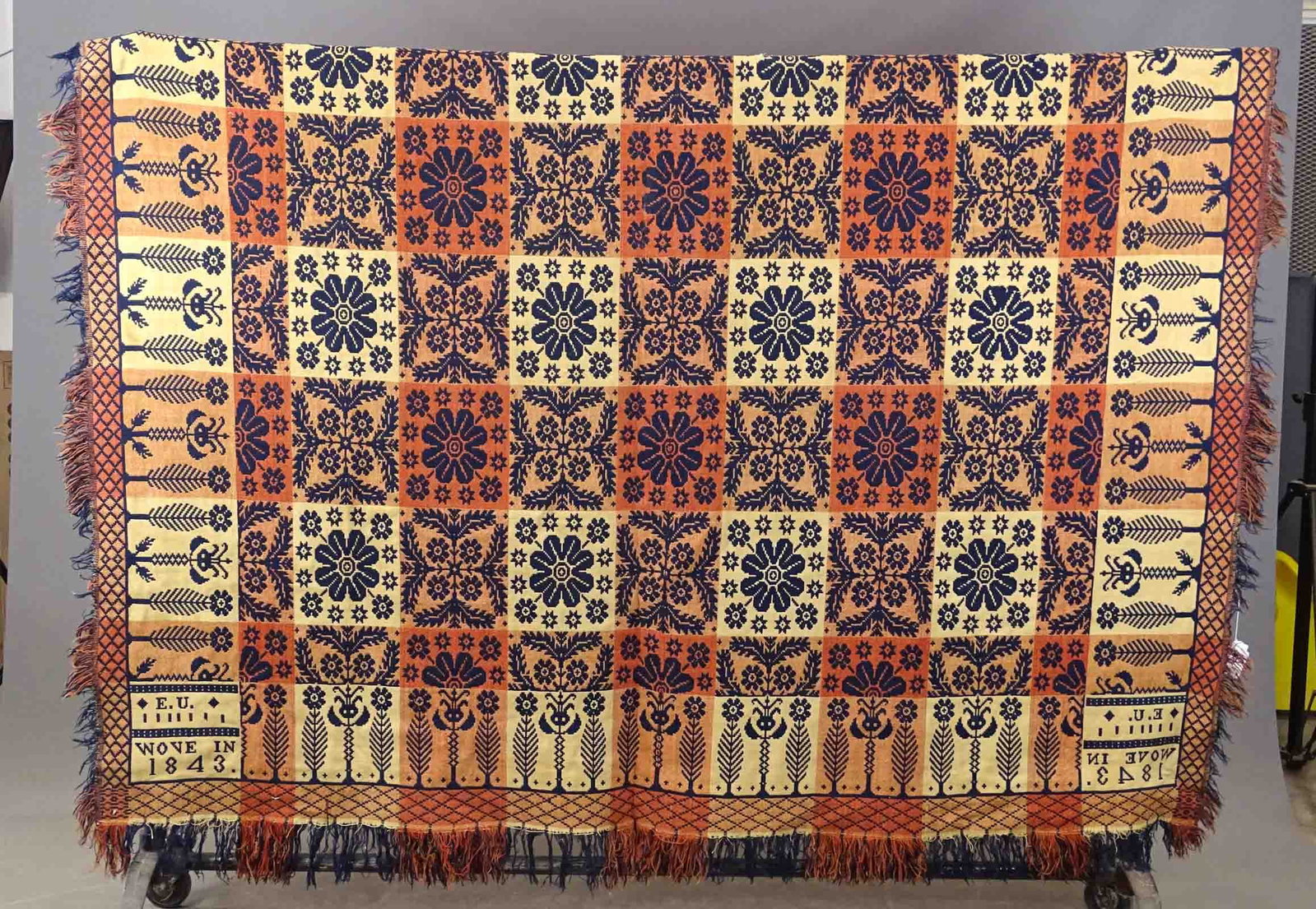 19th c. Coverlet: 19th c. coverlet signed "E.U. Wove in 1843", 82" x 96". As is.